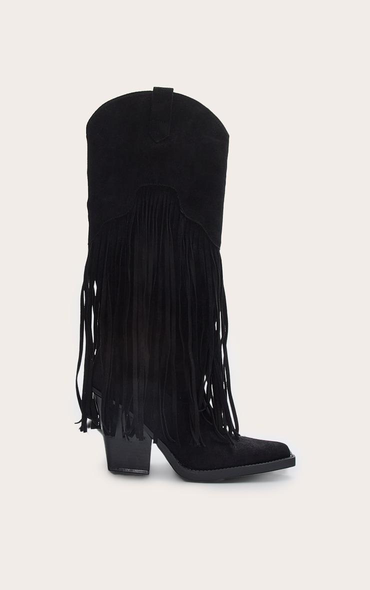 Black Faux Suede Point Toe Fringed Heel Knee High Western Boots Product Image