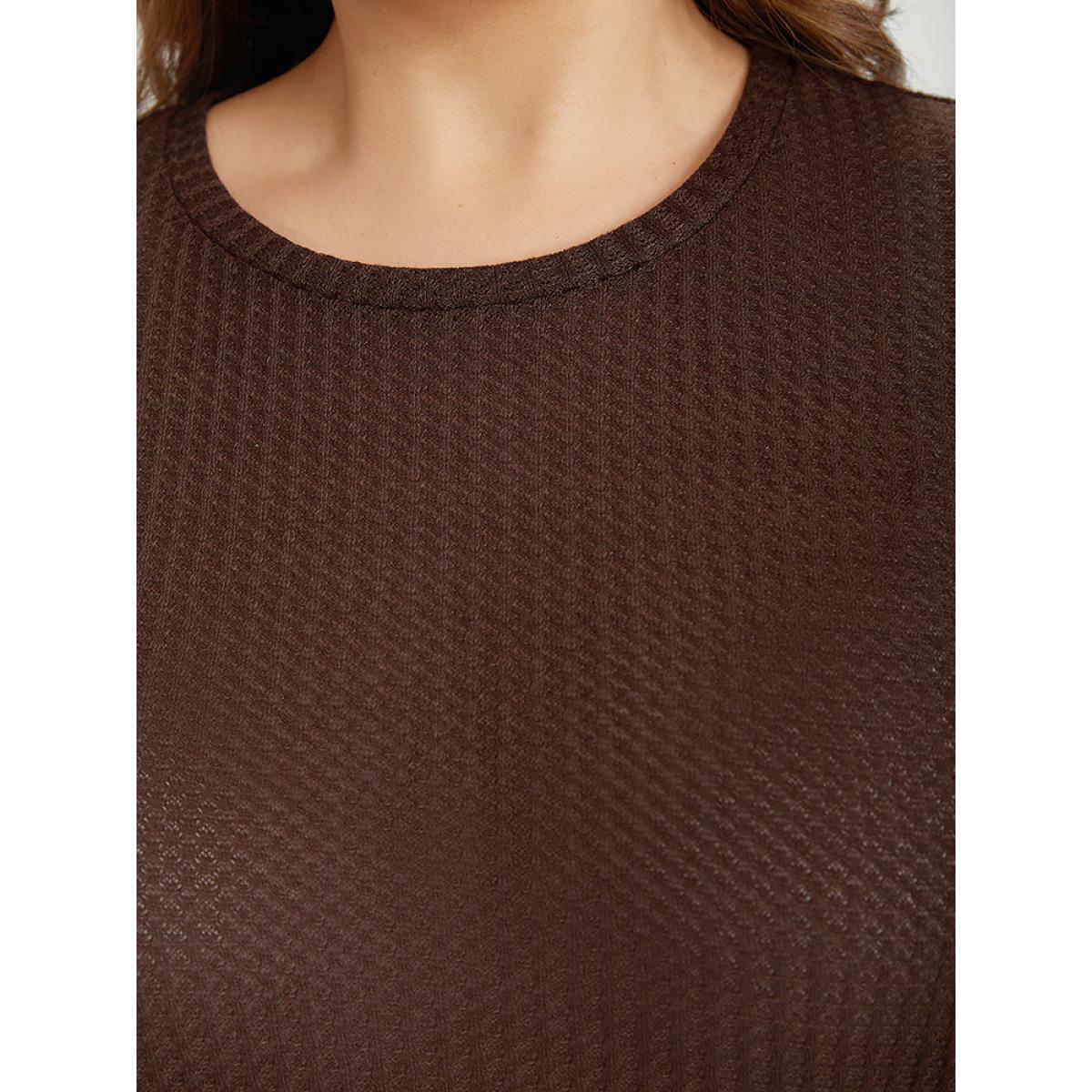 Plus Size Ditsy Floral Patchwork Lantern Sleeve Waffle Knit Sweatshirt Women DarkBrown Elegant Round Neck Dailywear Sweatshirts BloomChic 14-16/1X Product Image