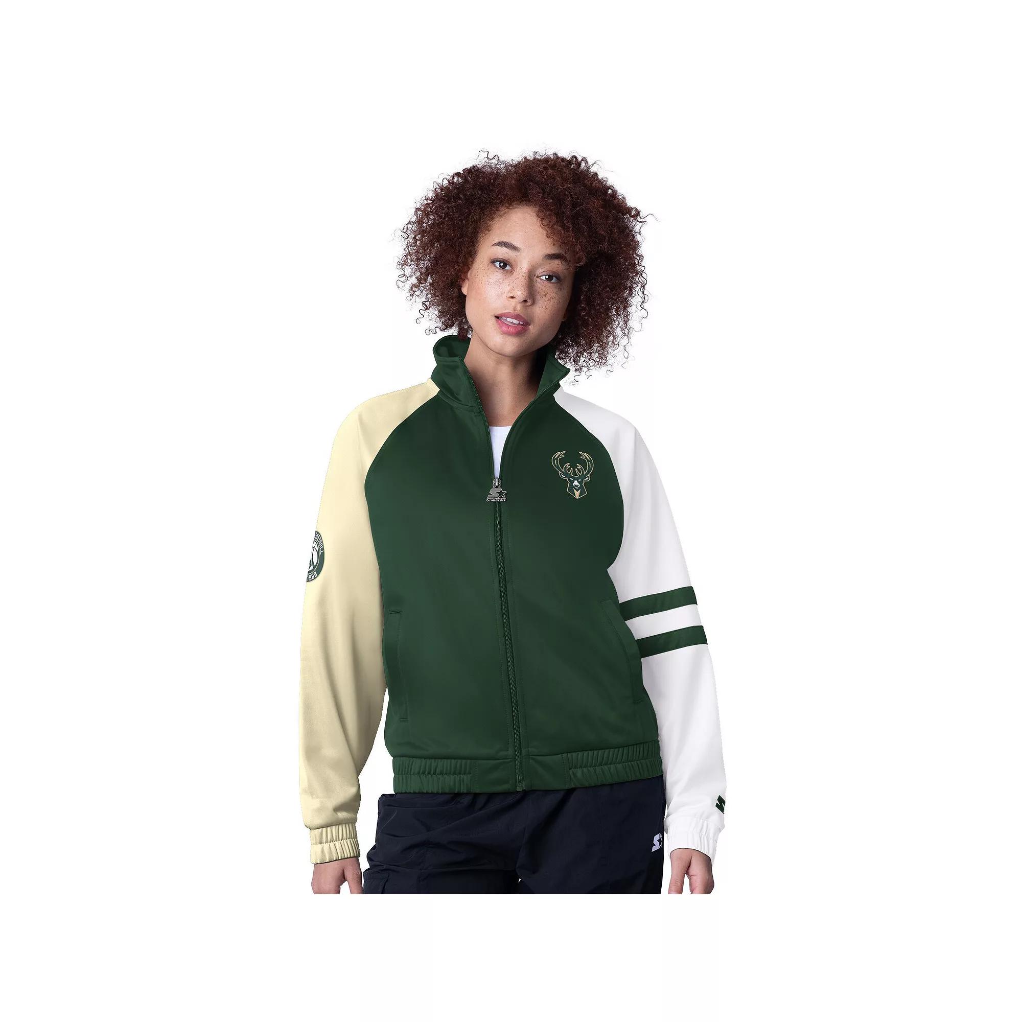 Women's Starter Hunter Green Milwaukee Bucks Line Up Dolman Raglan Full-Zip Track Jacket, Size: Small, Team Product Image
