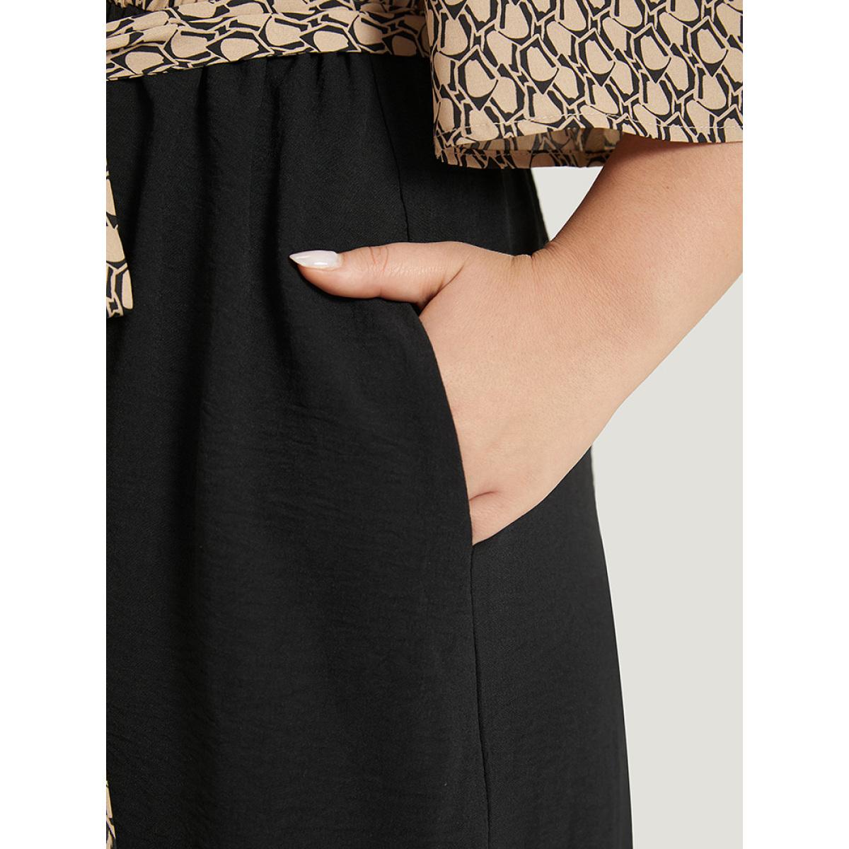 Plus Size Geometric Patchwork Pocket Belted Cold Shoulder Dress Tan Women Office Adjustable Straps Keyhole Cut-Out Half Sleeve Curvy Knee Dress BloomChic 14-16/1X Product Image