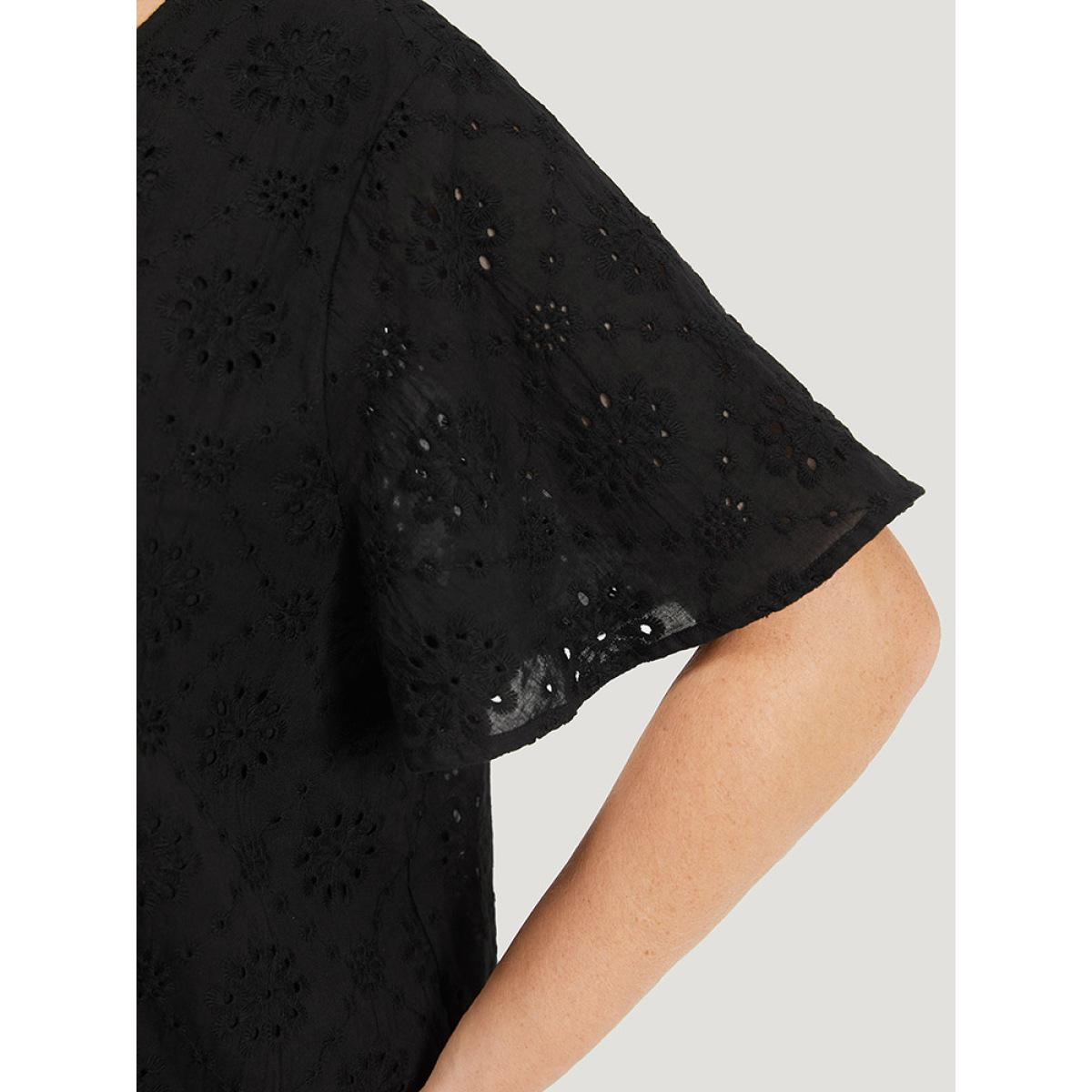 Plus Size Black Solid Broderie Anglaise Notched Ruffle Sleeve Blouse Women Vacation Short sleeve Notched collar Dailywear Blouses BloomChic 14-16/1X Product Image