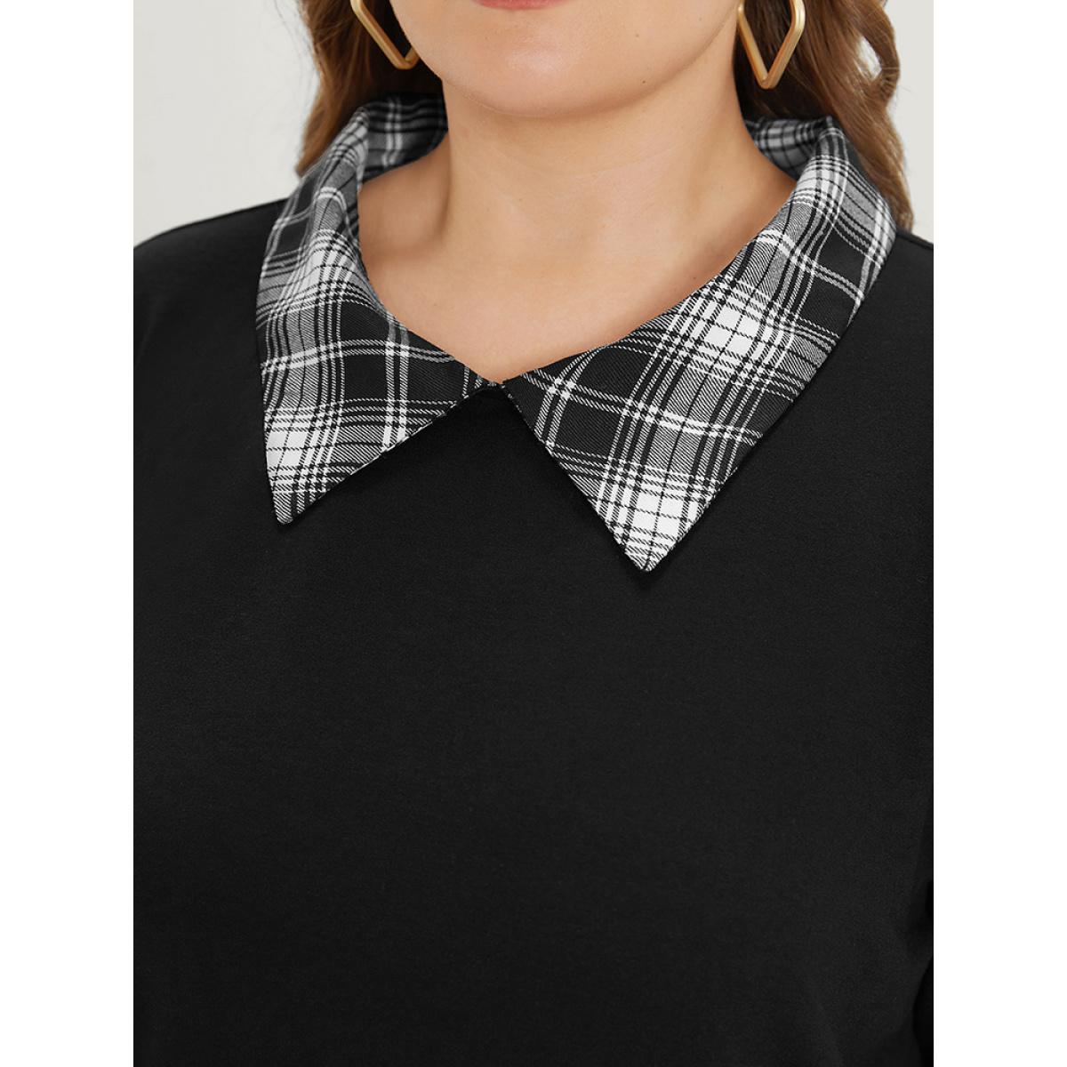 Plus Size Plaid Patchwork Shirt Collar Arc Hem Sweatshirt Women Black Casual Patchwork Polo Dailywear Sweatshirts BloomChic 28/5X Product Image