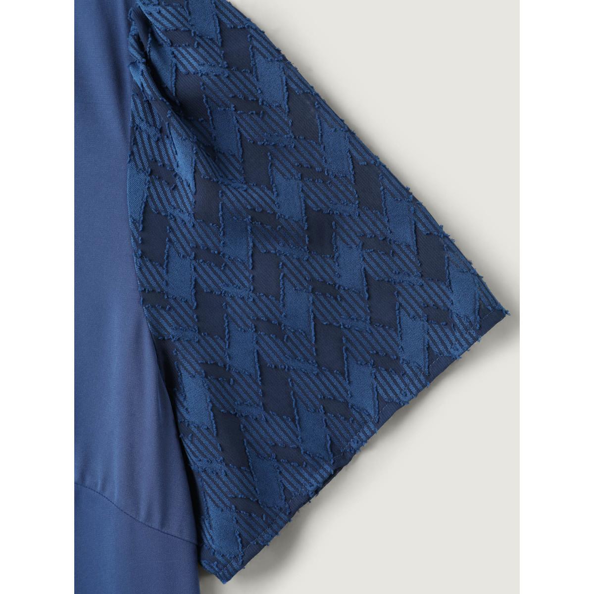 Plus Size Navy Textured Overlap Hem Sheer Blouse Women Short sleeve Round Neck Work Blouses BloomChic 26/4X Product Image