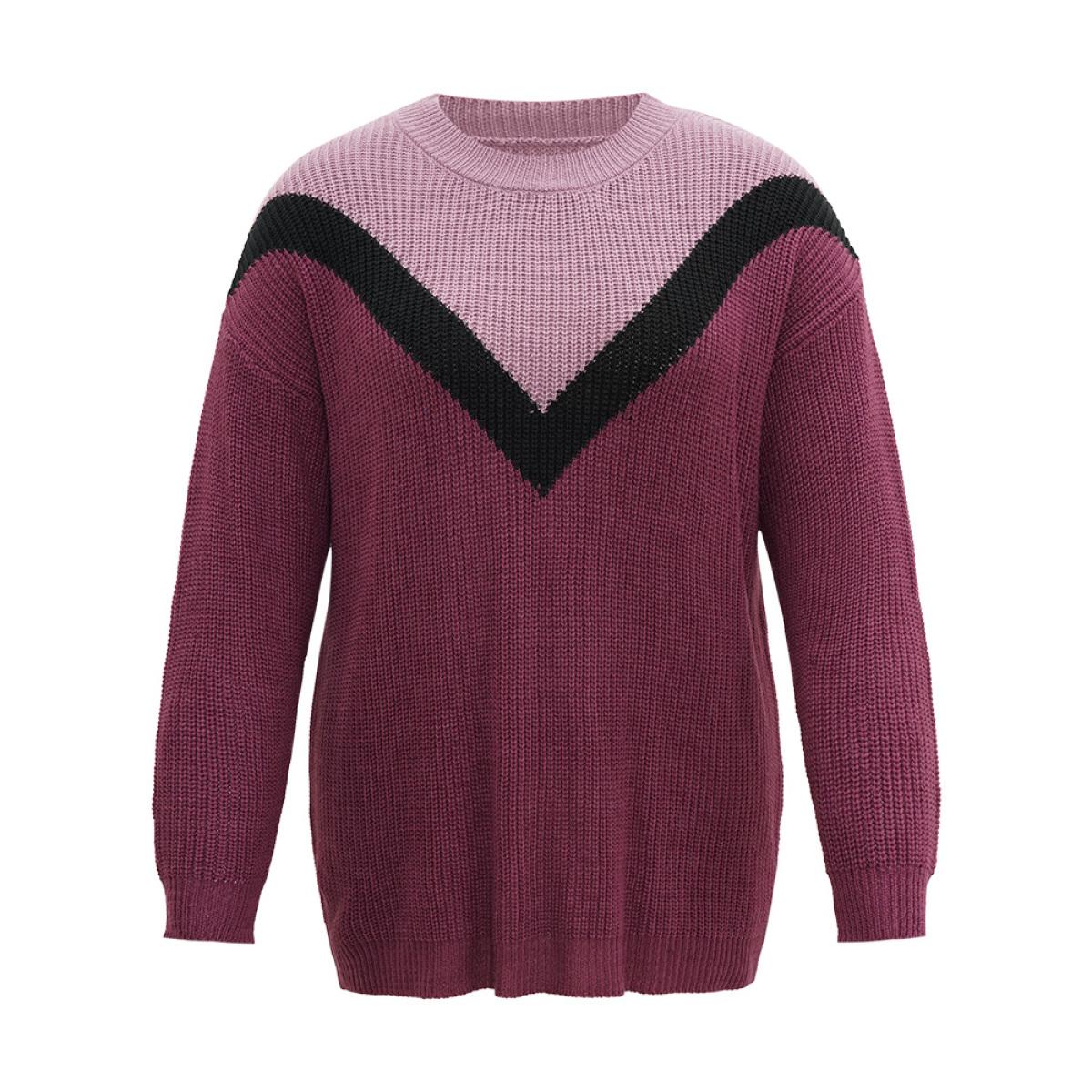 Plus Size Colorblock Contrast Drop Shoulder Loose Pullover Multicolor Women Casual Loose Long Sleeve Round Neck Dailywear Pullovers BloomChic 28/5X Product Image