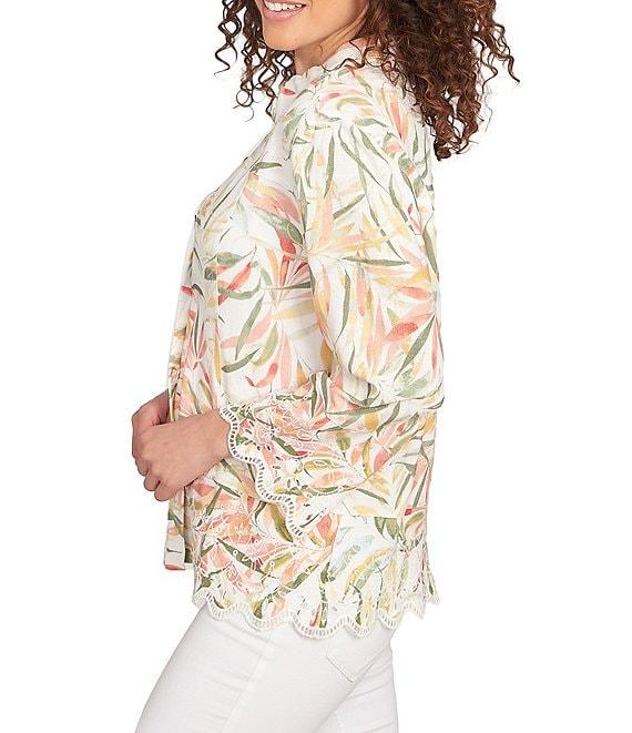 Ruby Rd. Coordinating Tropical Fern Print 3/4 Sleeve Lace Embroidered Scallop Edge Button-Front Shirt Product Image
