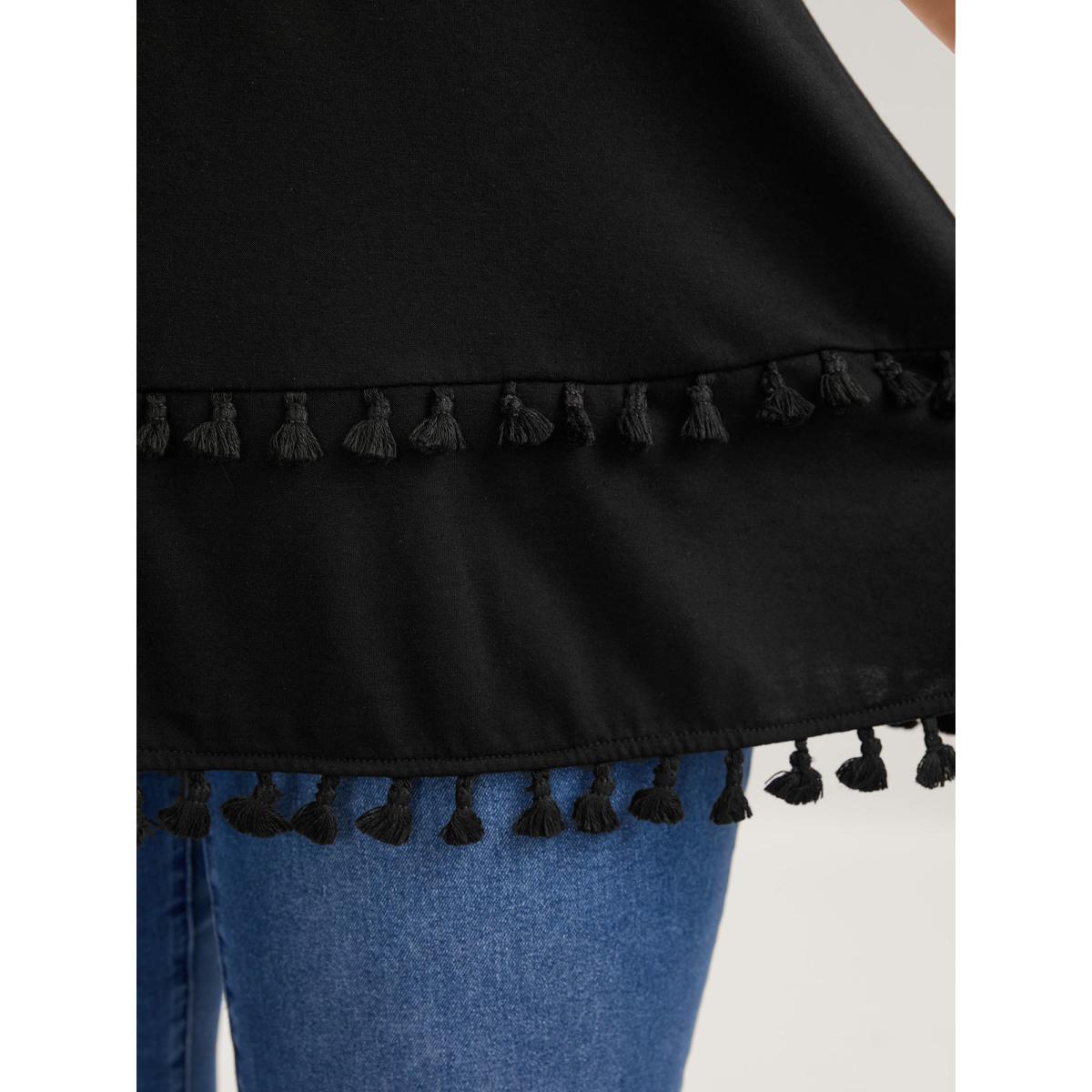 Plus Size A-Line Tassel Hem Plain Tank Top Women Black Leisure Tassels Round Neck Casual Tank Tops Camis BloomChic 10/M Product Image