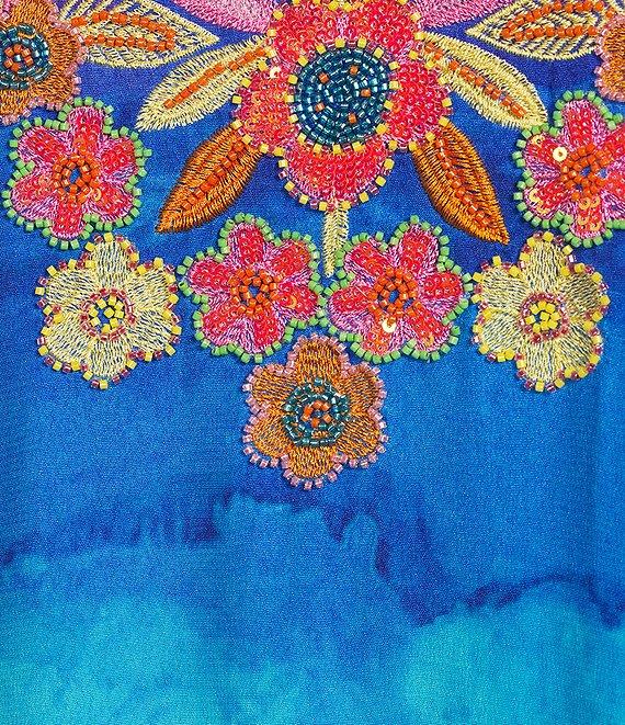 John Mark Embroidered Stripe Watercolor Print Split V-Neck 3/4 Sleeve Hi-Low Hem Tunic Product Image