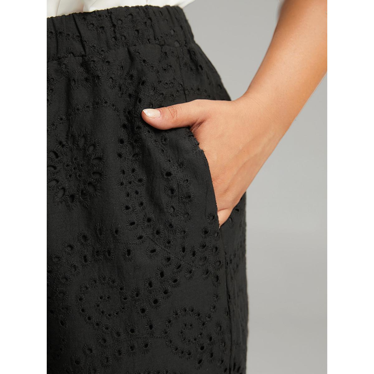 Plus Size Solid Broderie Anglaise Scalloped Trim Cropped Pants Women Black Elegant Straight Leg High Rise Dailywear Pants BloomChic 14-16/1X Product Image