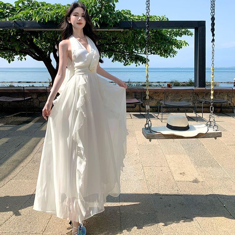 Halter-Neck Plain Ruffled Floral Midi A-Line Dress Product Image