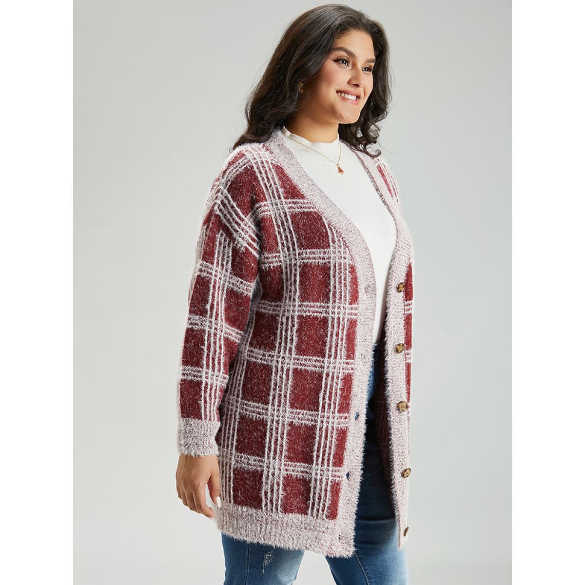 Plus Size Plaid Fuzzy Heather Button Fly Tunic Cardigan Burgundy Women Casual Loose Long Sleeve Festival-Christmas Cardigans BloomChic 22-24/3X Product Image