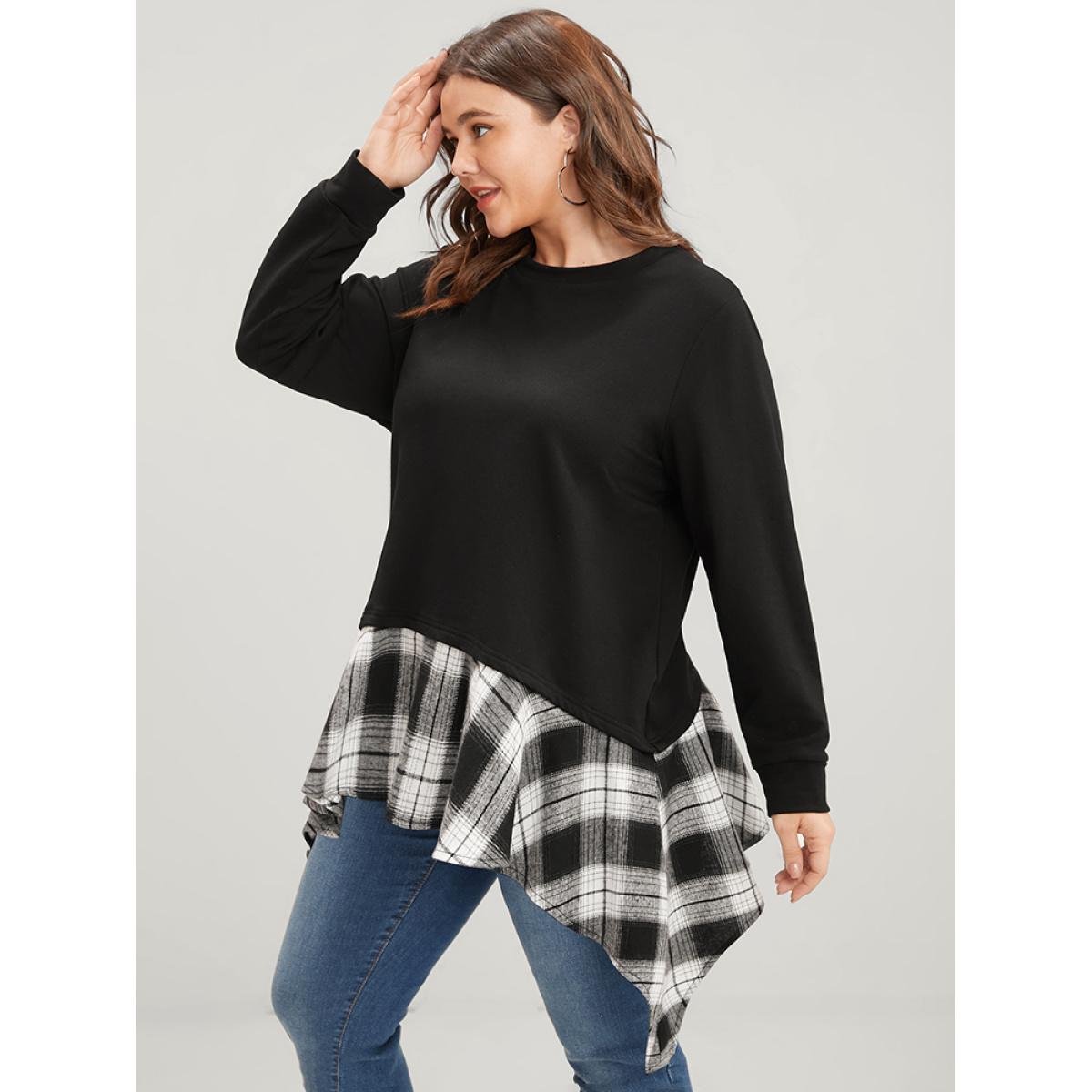 Plus Size Tartan Patchwork Round Neck Asymmetrical Hem Sweatshirt Women Black Elegant Patchwork Round Neck Dailywear Sweatshirts BloomChic 14-16/1X Product Image