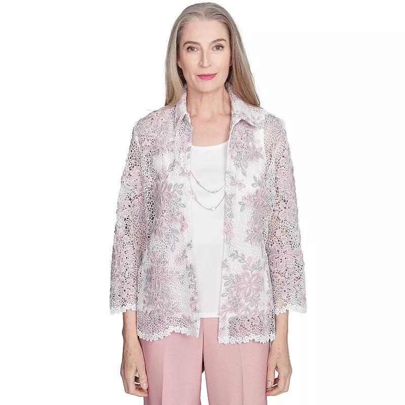 Women's Alfred Dunner Floral Lace Two in One Top with Necklace, Size: Large, Pink Team Product Image