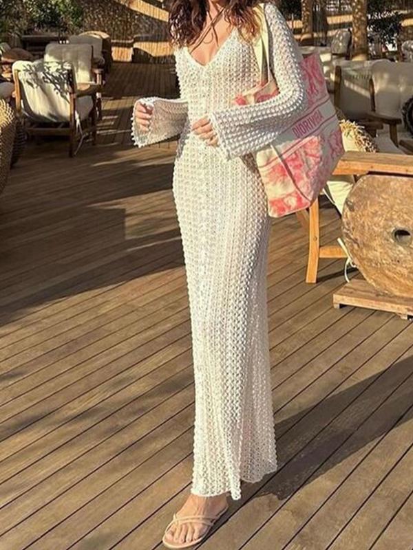 White Knitted Cutout Long Sleeve Cover Up Dress Product Image