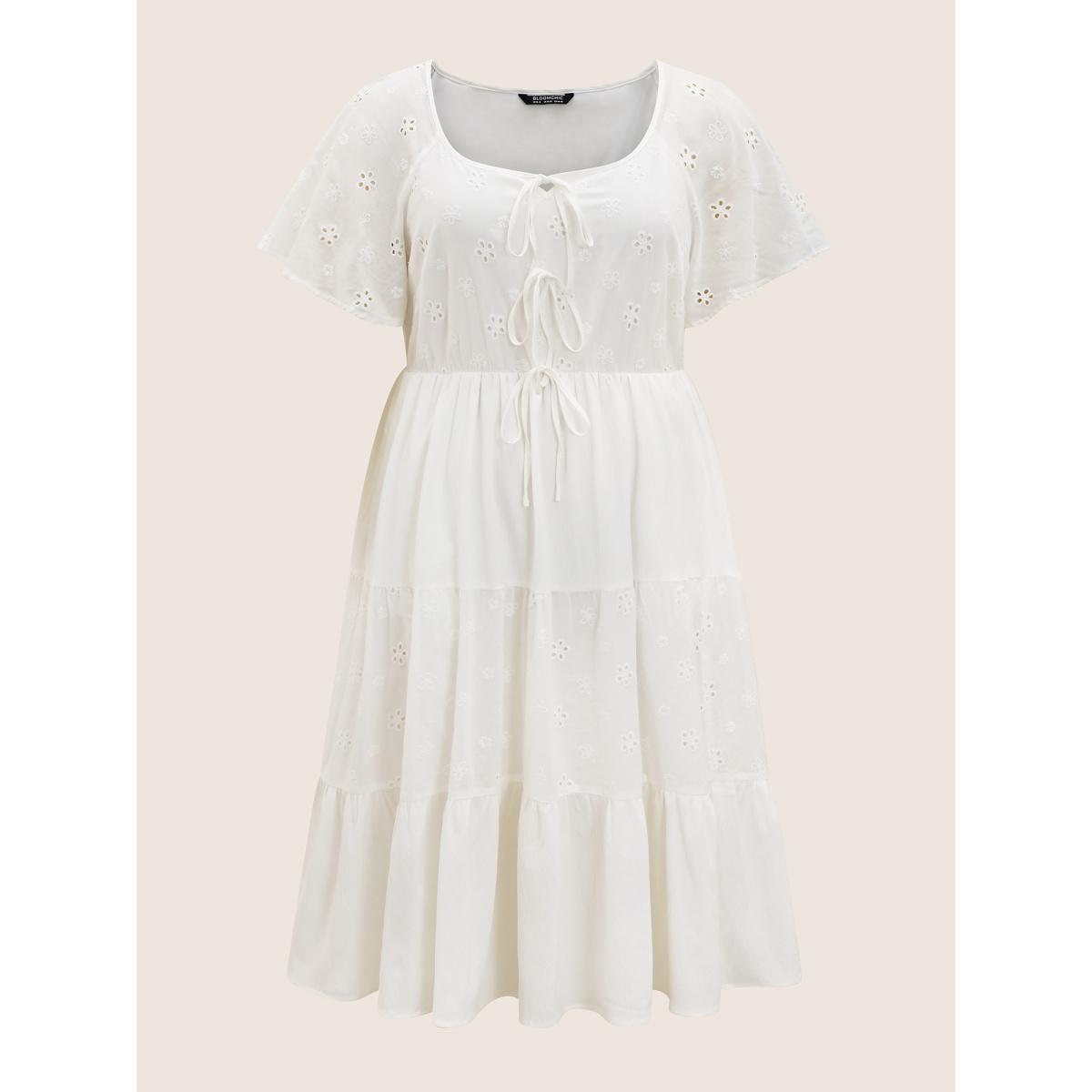 Plus Size Broderie Anglaise Ties Ruffle Layered Hem Dress Originalwhite Women Elegant Tie knot V-neck Short sleeve Curvy BloomChic 12/L Product Image