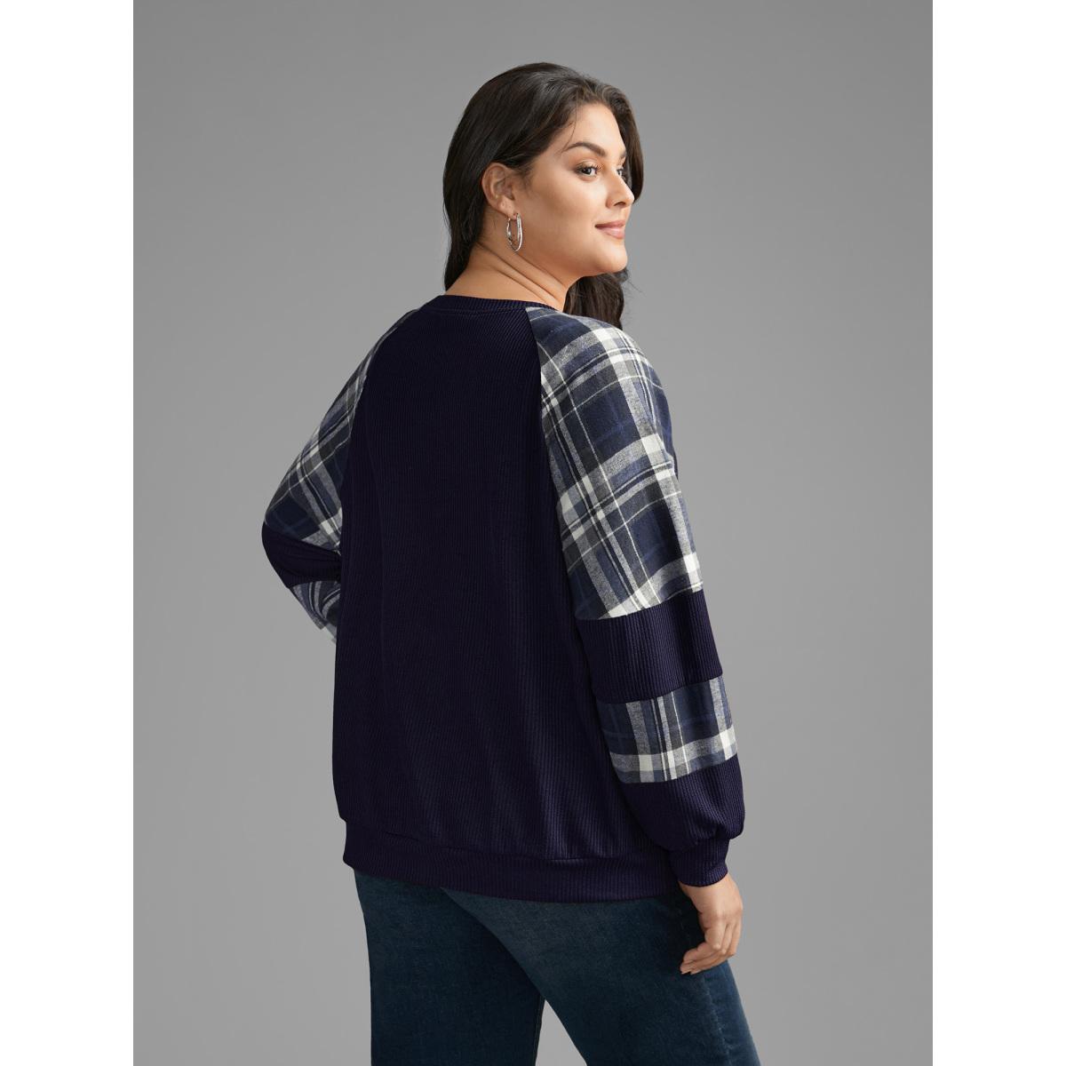 Plus Size Plaid Patchwork Raglan Sleeve Sweatshirt Women Indigo Leisure Texture Round Neck Casual Sweatshirts BloomChic 14-16/1X Product Image