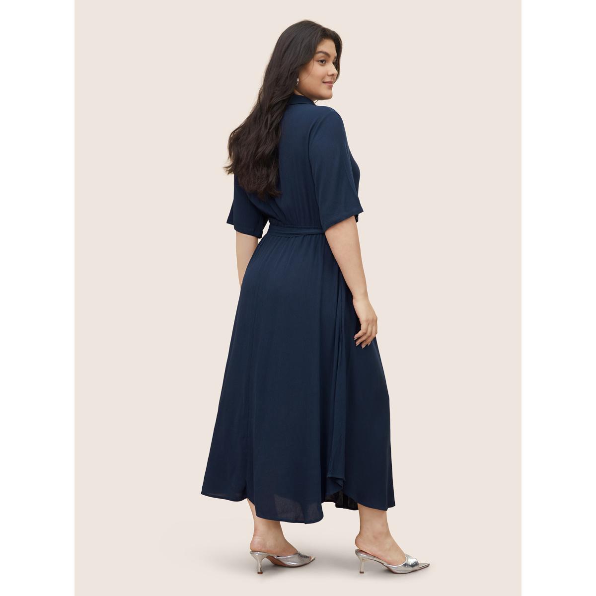 Belted Shirt Collar Button Plus Size Shirtdress Women Workleisure Plain Sleeve Short Sleeve Shirt Collar Pocket Workwear Long Dress BloomChic Product Image