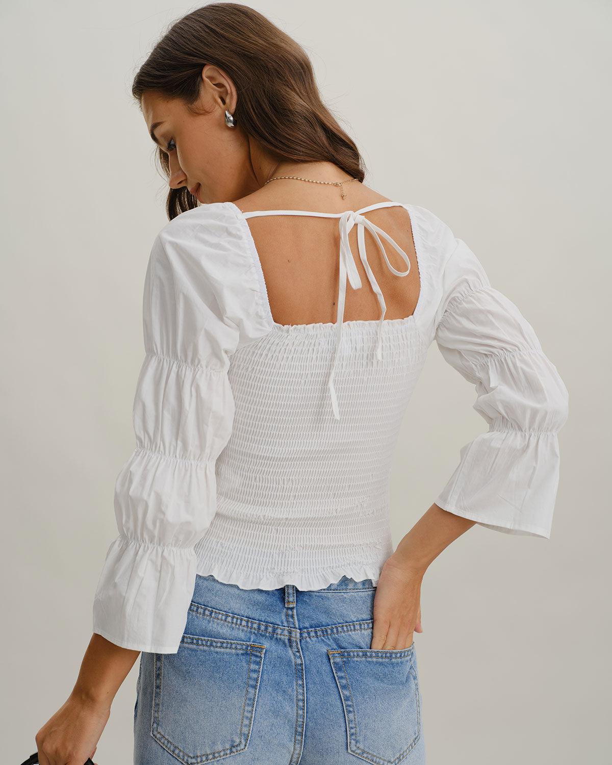 White Square Neck Shirred Blouse Product Image