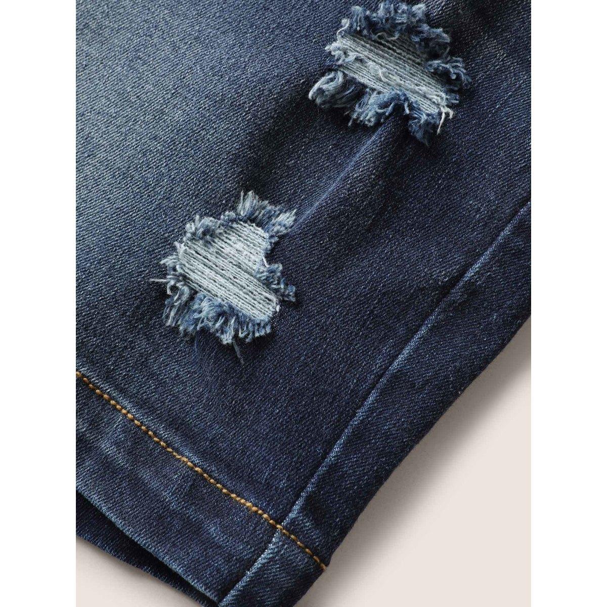 Plus Size Dark Wash Button Up Distressed Denim Shorts Women Midnight Distressed High stretch Everyday Slanted pocket Casual Denim Shorts BloomChic 20/2X Product Image