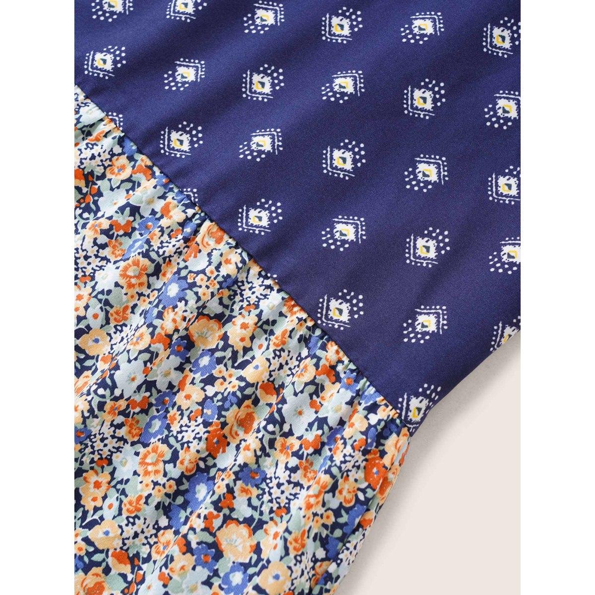 Plus Size Boho Print Ruffle Cap Sleeve Lace Up Dress DarkBlue Women Resort Non V-neck Cap Sleeve Curvy Midi Dress BloomChic 18-20/2X Product Image