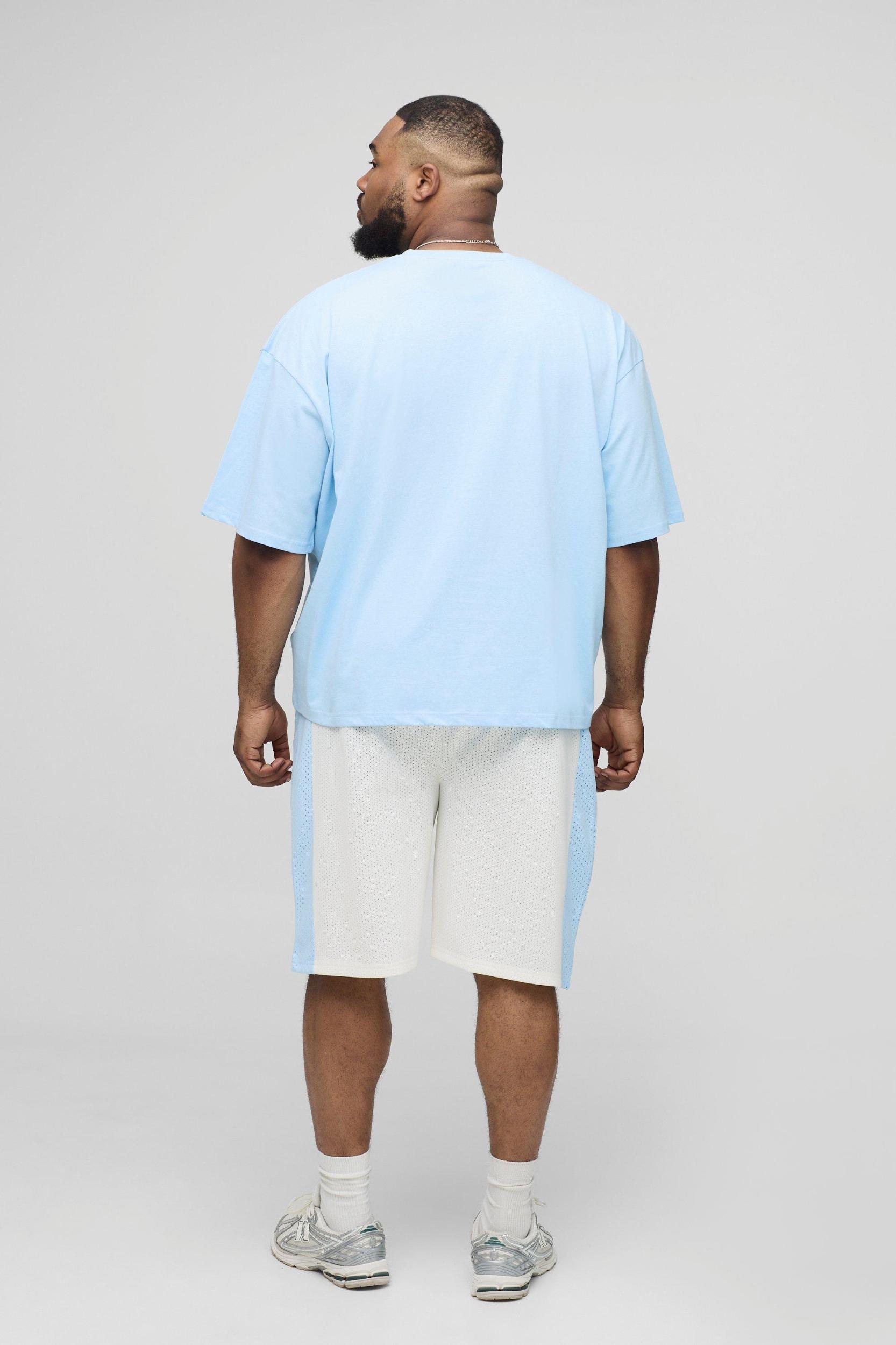 Plus Oversized Boxy Official Embroidered T-Shirt & Airtex Basketball Short Set | boohooMAN USA Product Image