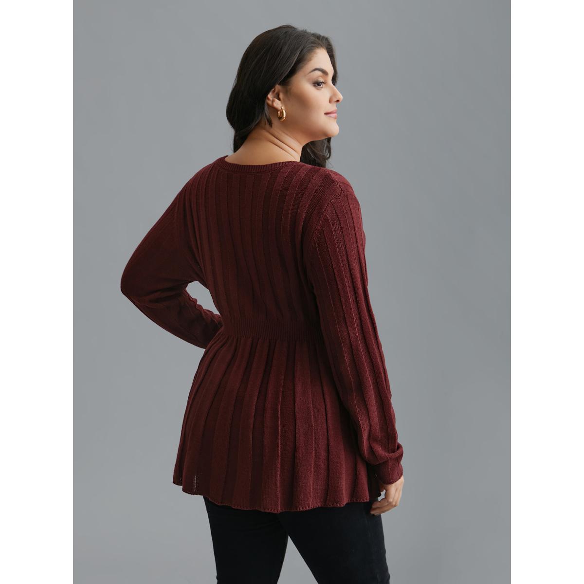 Plus Size Plain Cable Knit Pleated Texture Pullover Deepred Women Casual Bodycon Long Sleeve Round Neck Everyday Pullovers BloomChic 12/L Product Image
