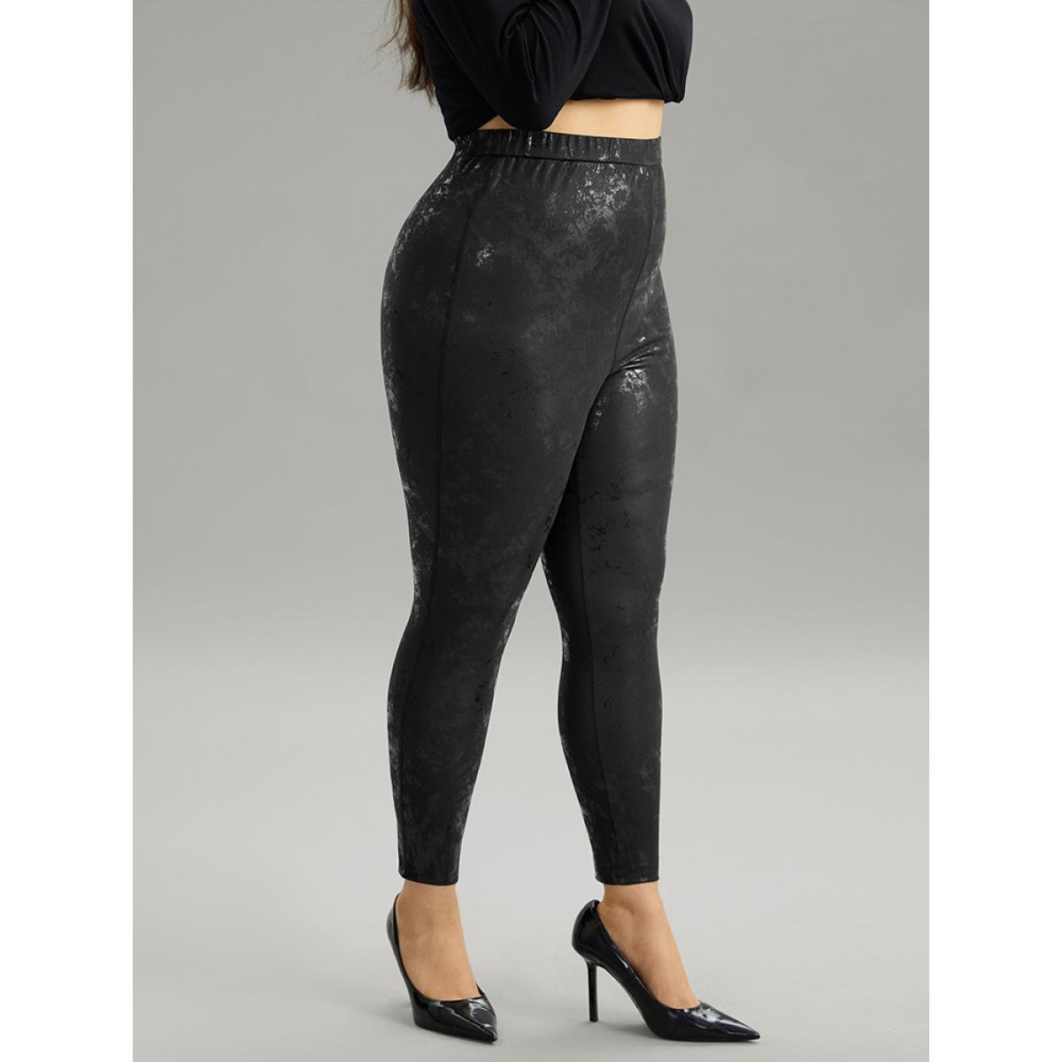 Plus Size Vintage PU Leather Glitter Skinny Leggings Women Black Party High stretch Skinny High Rise Going out Leggings BloomChic 30/6X Product Image