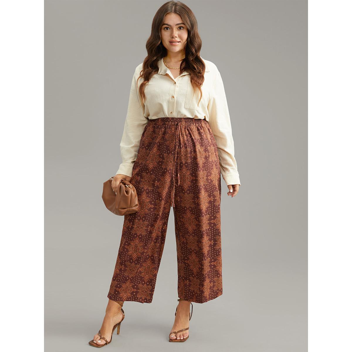 Plus Size Bandana Elastic Waist Wide Leg Ties Pants Women Maroon Vacation Wide Leg High Rise Dailywear Pants BloomChic 26/4X Product Image