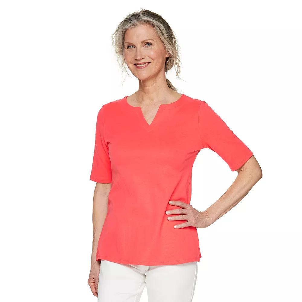 Petite Croft & Barrow® Elbow Sleeve Splitneck Top, Women's, Size: Medium Petite, Pink Product Image