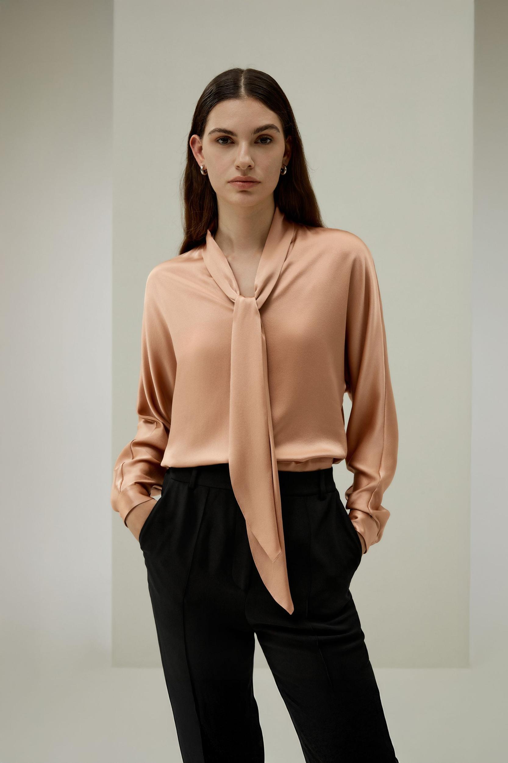 Bat Sleeve Silk Top with Adjustable Neck Tie Product Image
