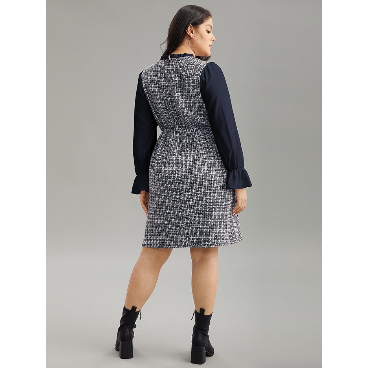Plus Size Plaid Patchwork Ruffle Trim Knee Dress DarkBlue Women Office Texture Mock Neck Long Sleeve Curvy Knee Dress BloomChic 10/M Product Image