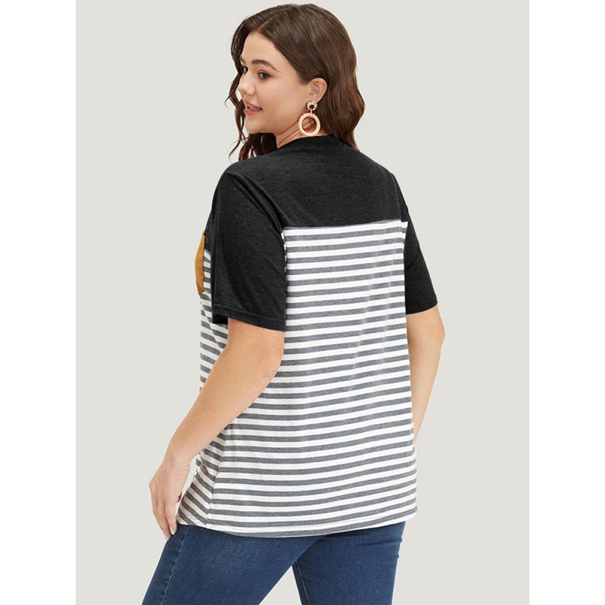 Plus Size Striped Patchwork Round Neck Patched Pocket T-shirt Black Women Casual Patchwork Striped Round Neck Dailywear T-shirts BloomChic 28/5X Product Image
