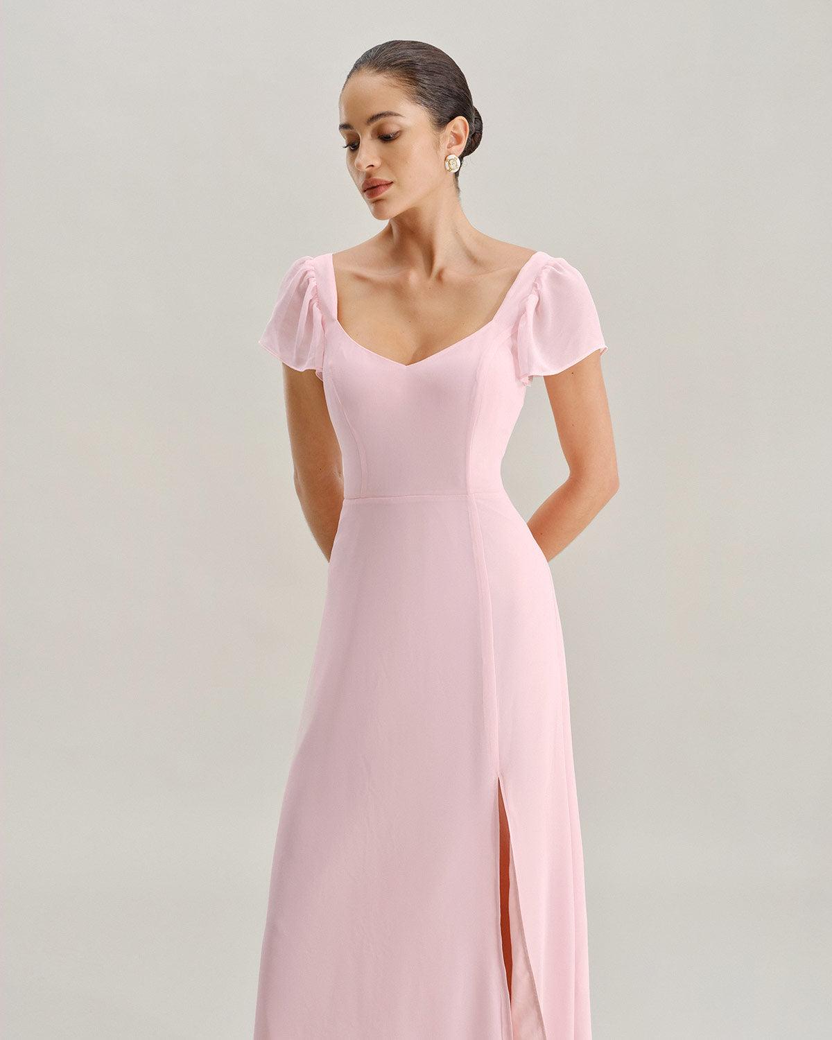 Pink Sweetheart Neck Chiffon Maxi Dress Product Image