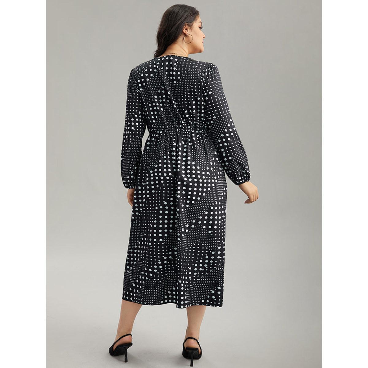 Plus Size Polka Dot Elastic Waist Split Hem Dress Black Women At the Office Pleated V-neck Long Sleeve Curvy Midi Dress BloomChic 30/6X Product Image