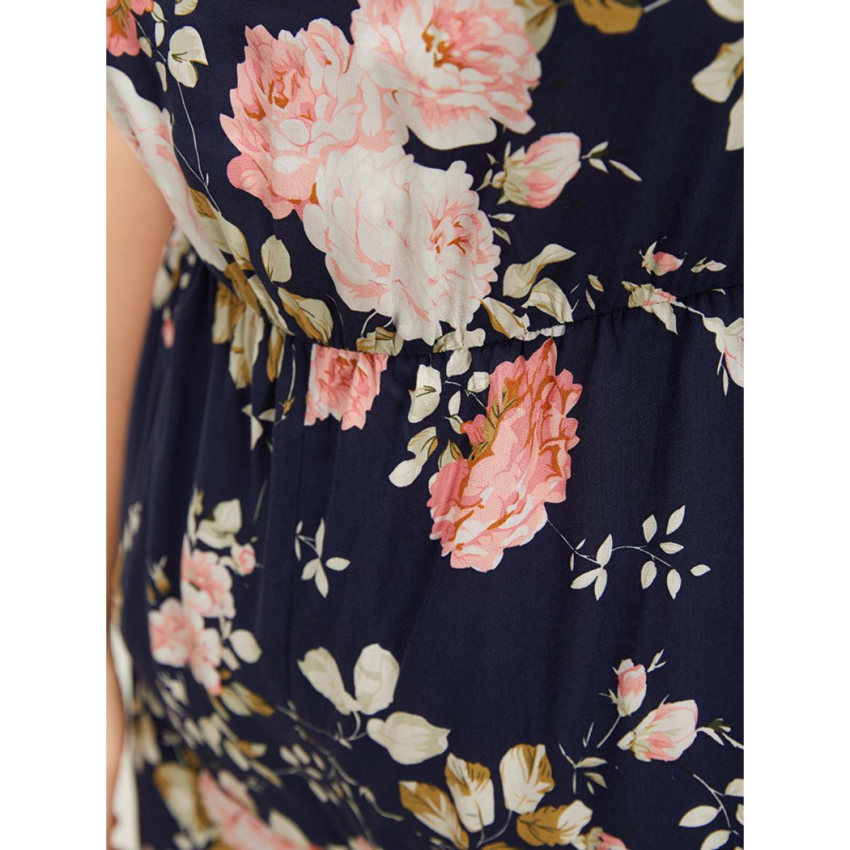 Plus Size DarkBlue Floral Belt Pocket Knot Shoulder Jumpsuit Women Elegant Sleeveless Spaghetti Strap Dailywear Loose Jumpsuits BloomChic 14-16/1X Product Image