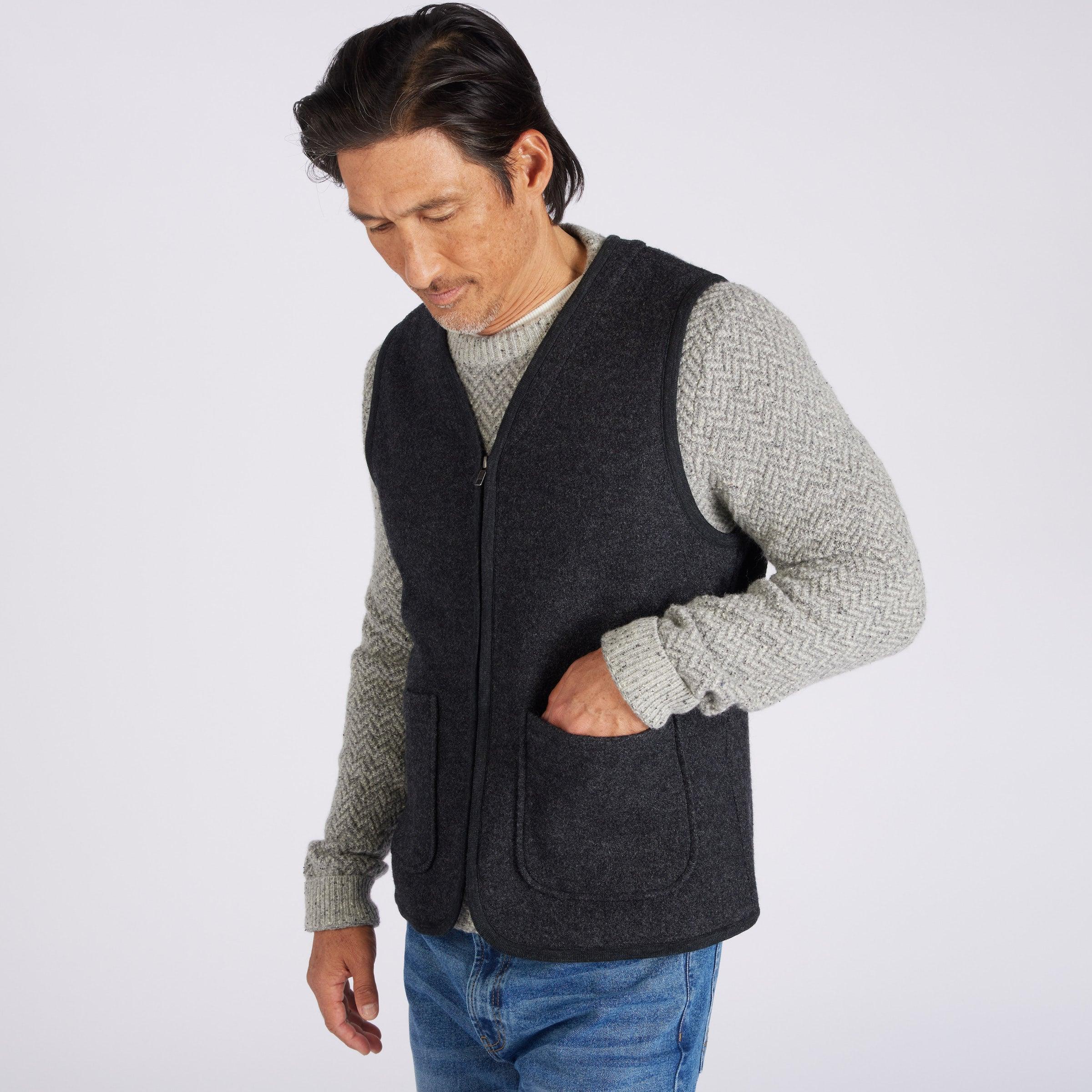 Burnham Boiled Wool Zip Up Vest  - Charcoal Product Image