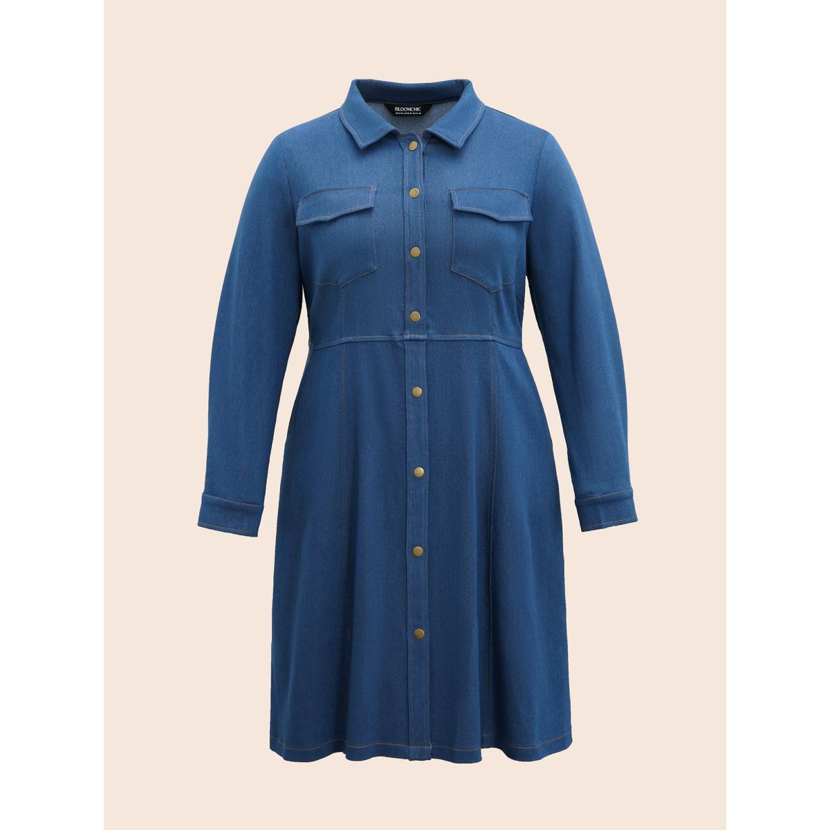 Plus Size Stretch Denim Chest Flaps Waist Defining Midi Dress Denimindigo Women Button Casual Side seam pocket Leisure Denim Dresses BloomChic 28/5X Product Image