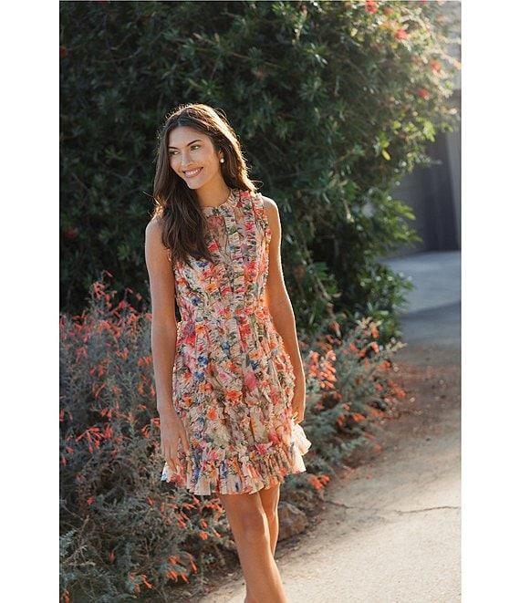 Mac Duggal Mesh Floral Print Crew Neck Sleeveless Micro Ruffle A-Line Mini Dress Product Image