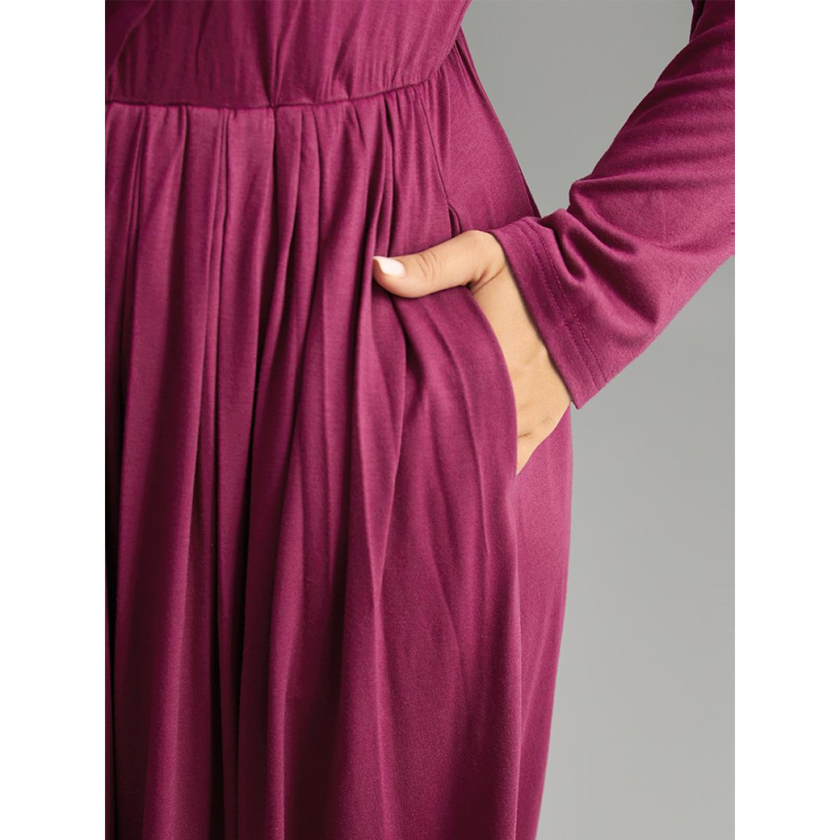 Plus Size Solid Pleated V Neck Elastic Waist Dress Purple Women Casual Plain V-neck Long Sleeve Curvy Midi Dress BloomChic 10/M Product Image
