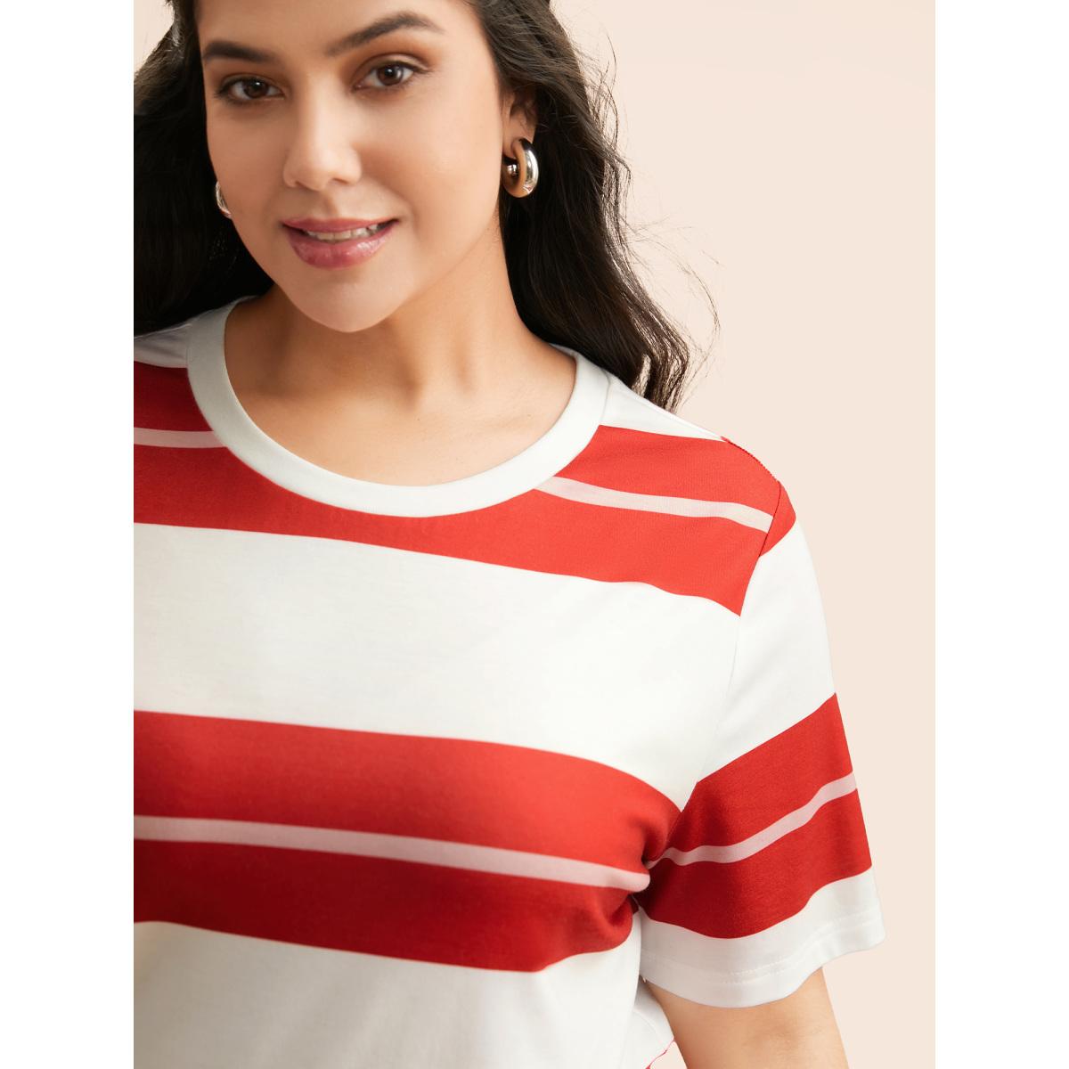 Plus Size Crew Neck Contrast Striped T-shirt Multicolor Women Casual Contrast Round Neck Everyday T-shirts BloomChic 22-24/3X Product Image