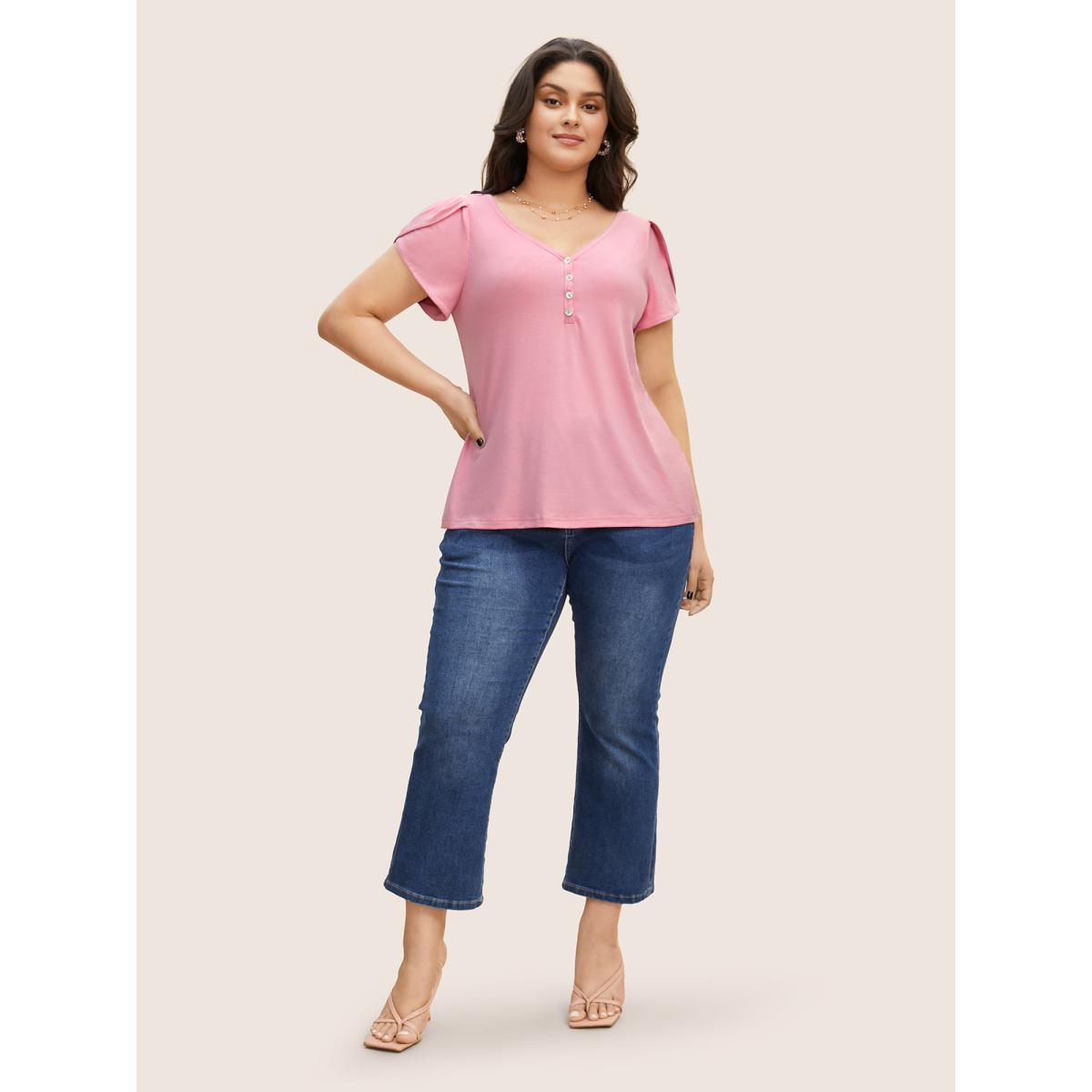 Plus Size Medium stretch Petal Sleeve Button Up T-shirt Watermelon Women Elegant Button V-neck Bodycon Everyday T-shirts BloomChic 10/M Product Image