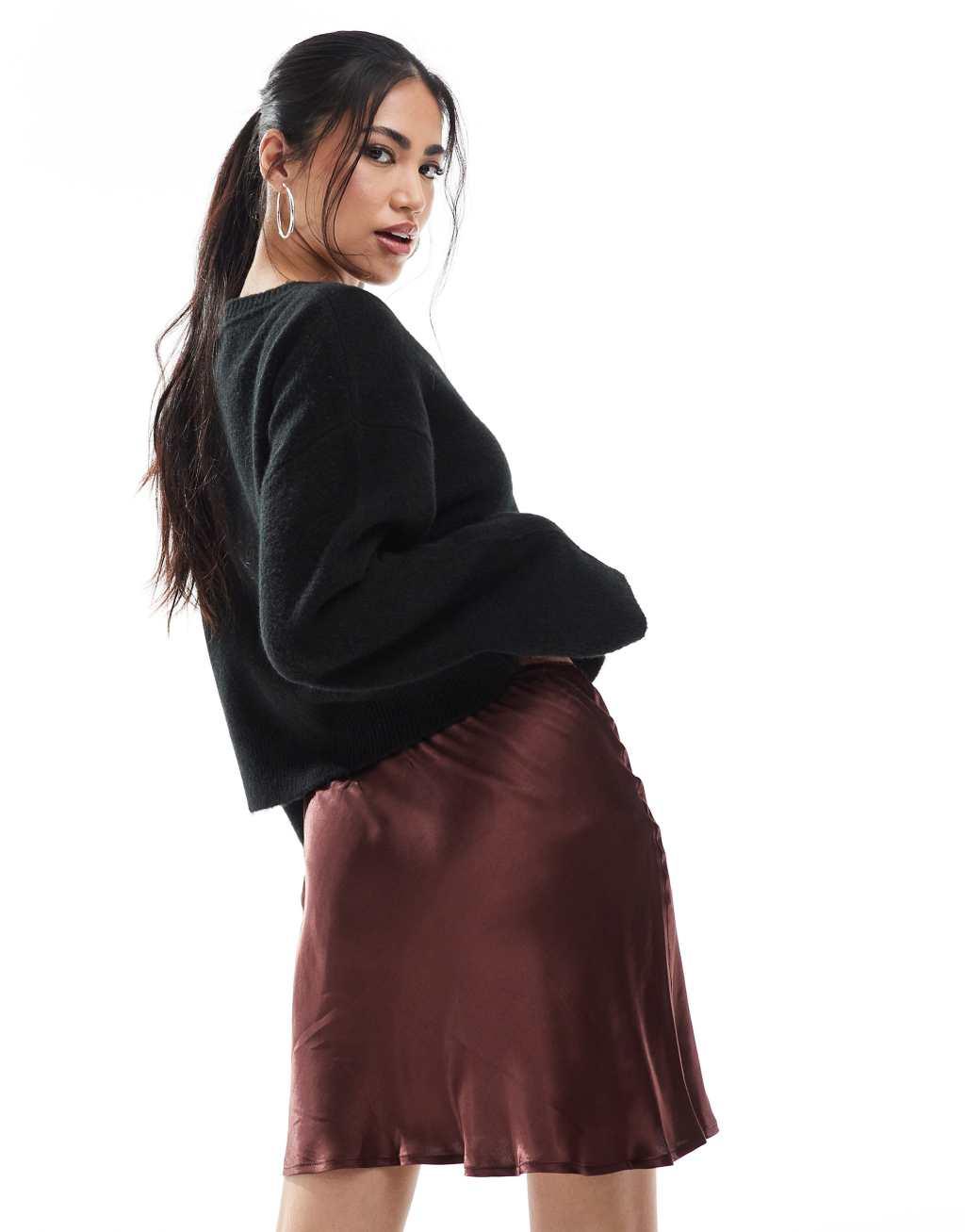 Miss Selfridge satin bias cut mini skirt with bow in chocolate Product Image