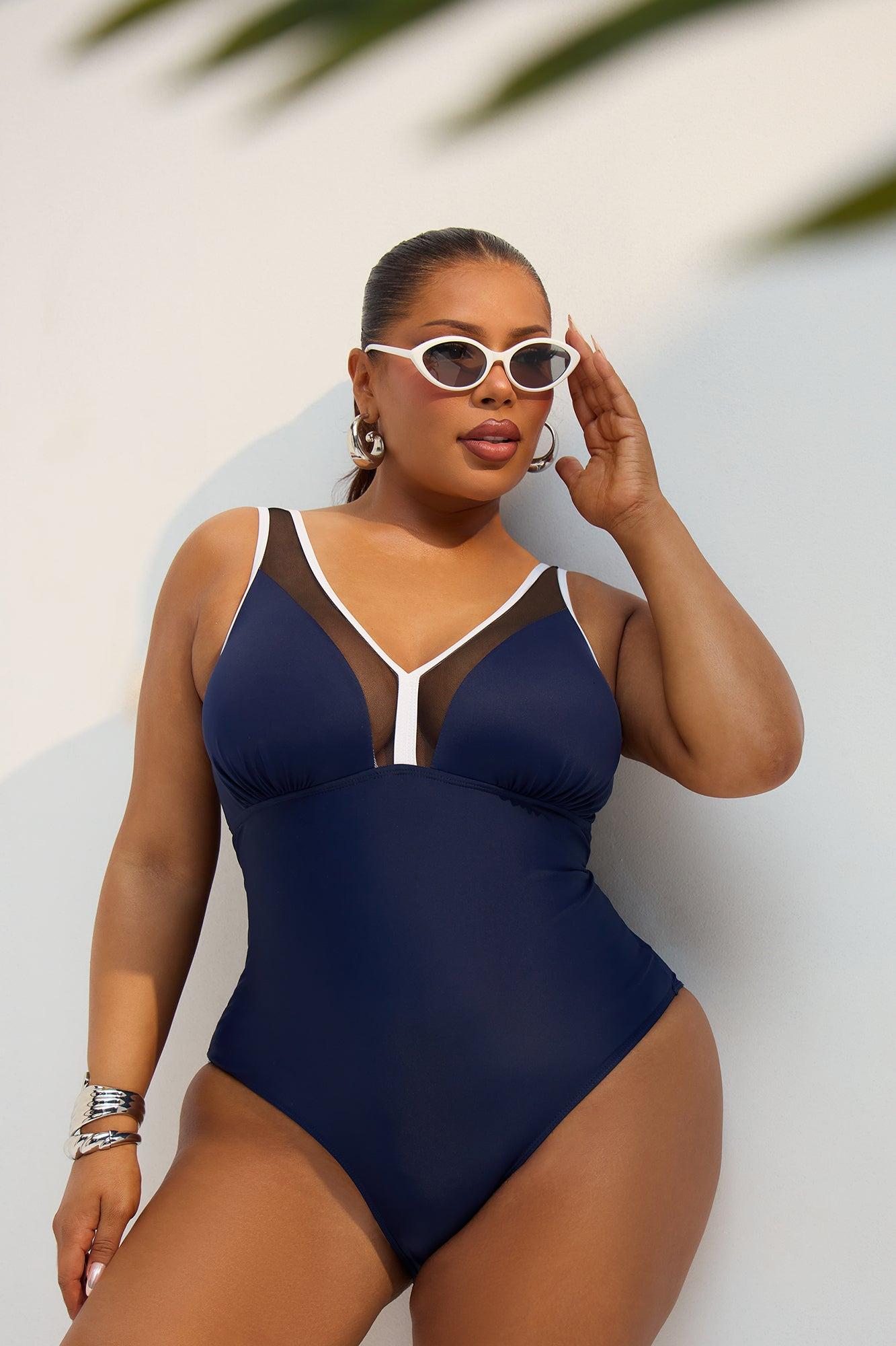 Marsha Contrast Mesh Cutout 1 Piece Swimsuit - Navy Product Image