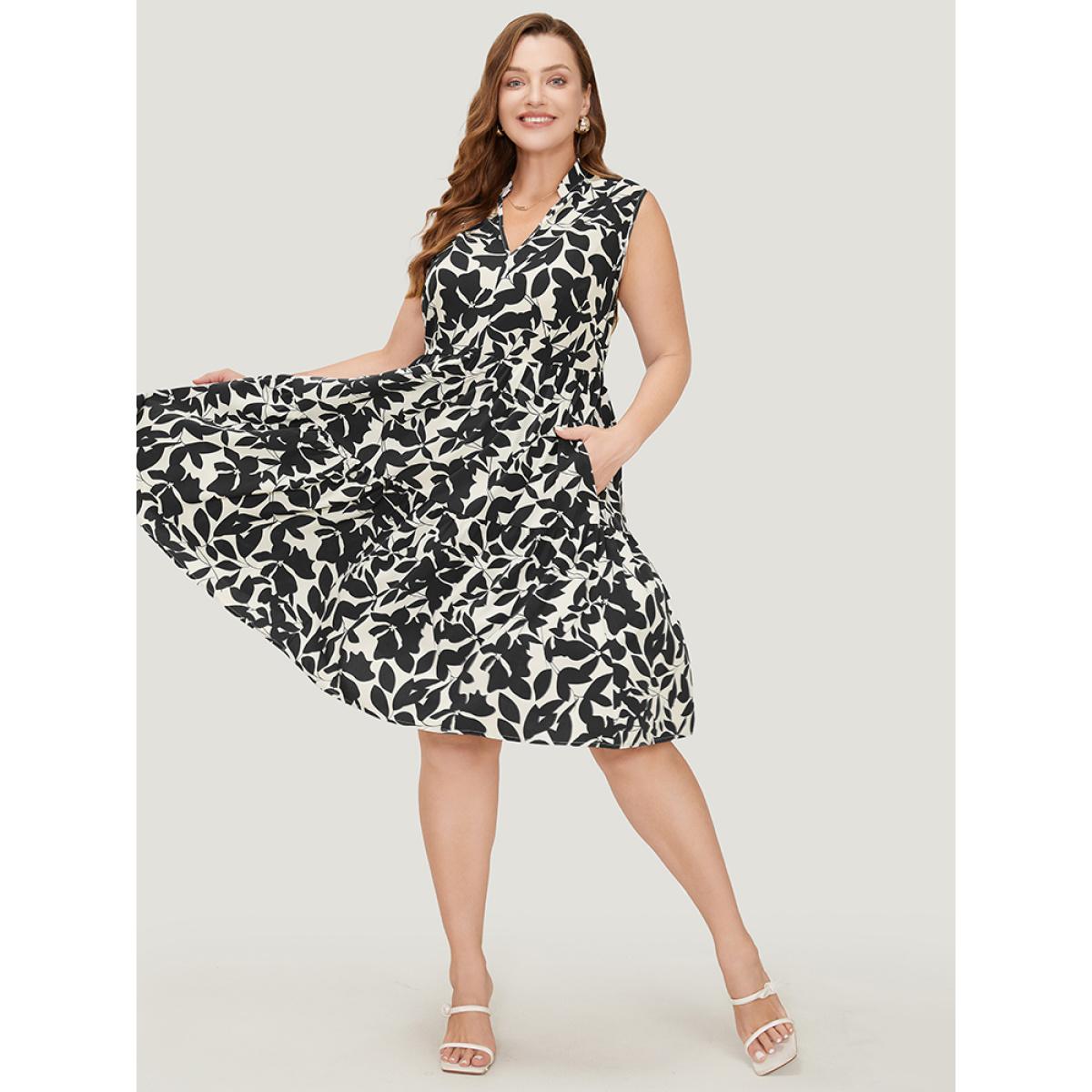 Plus Size Floral Ptrint Pocket Ruffle Tiered Stand Collar Tank Dress Black Women Elegant Tiered Stand-up collar Sleeveless Curvy Knee Dress BloomChic 28/5X Product Image