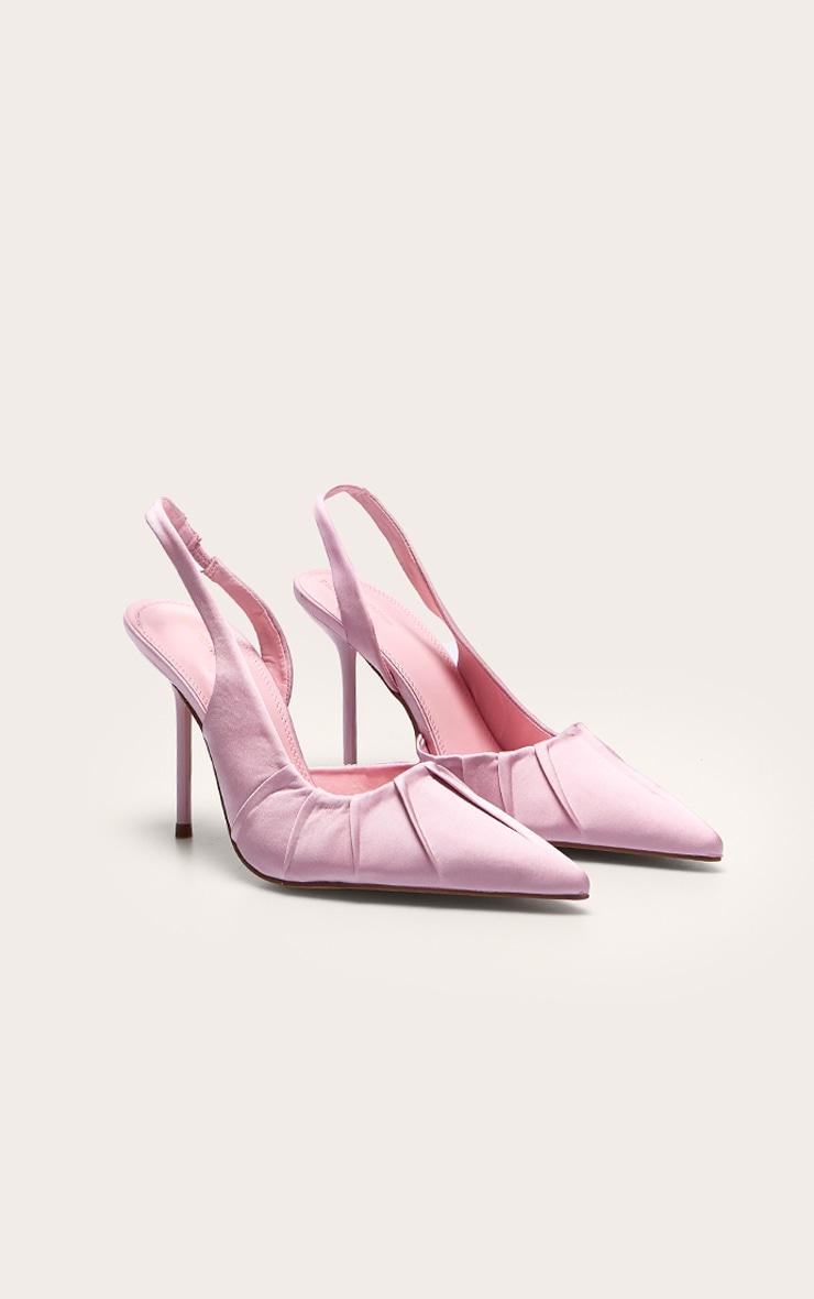 Primrose Pink Satin Point Toe Ruched Sling Back High Stiletto Heeled Courts Product Image