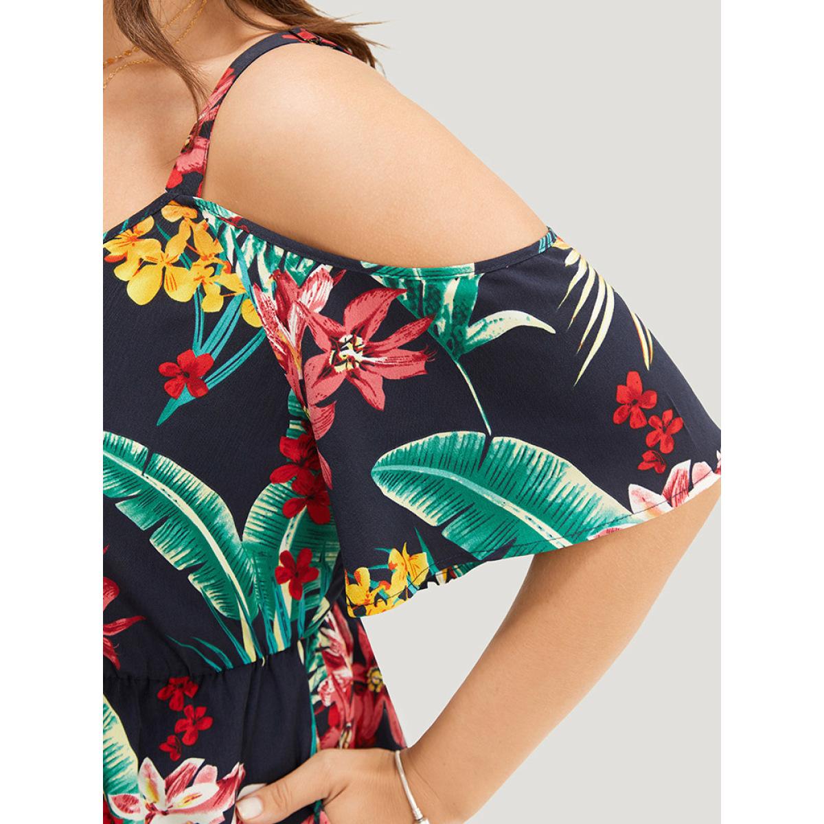 Plus Size Navy Tropical Print Pocket Cold Shoulder Jumpsuit Women Vacation Short sleeve Cold Shoulder Dailywear Loose Jumpsuits BloomChic 12/L Product Image