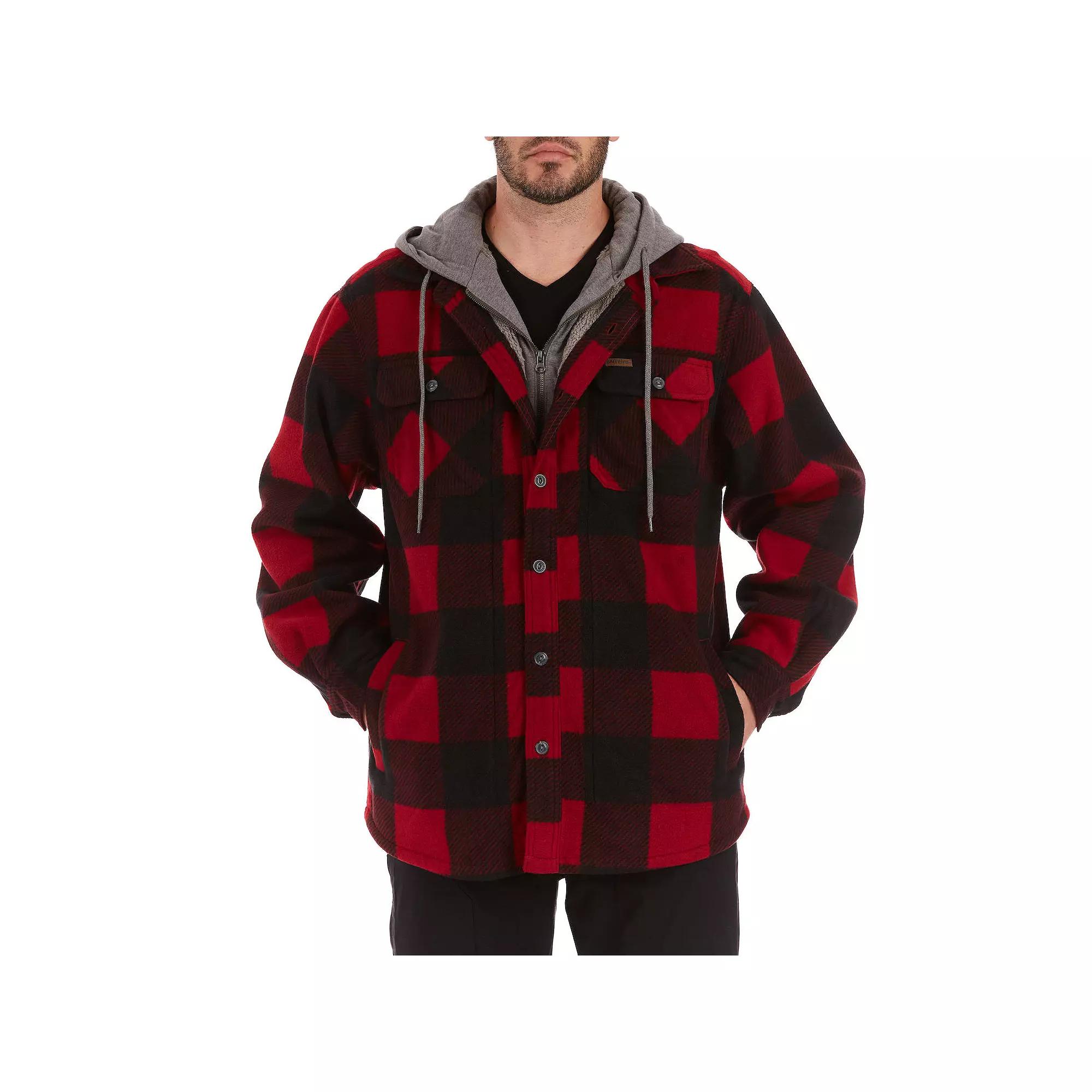 Men's Smith's Workwear Plaid Sherpa-Lined Microfleece Hooded Shirt Jacket, Size: XL, Red Black Product Image
