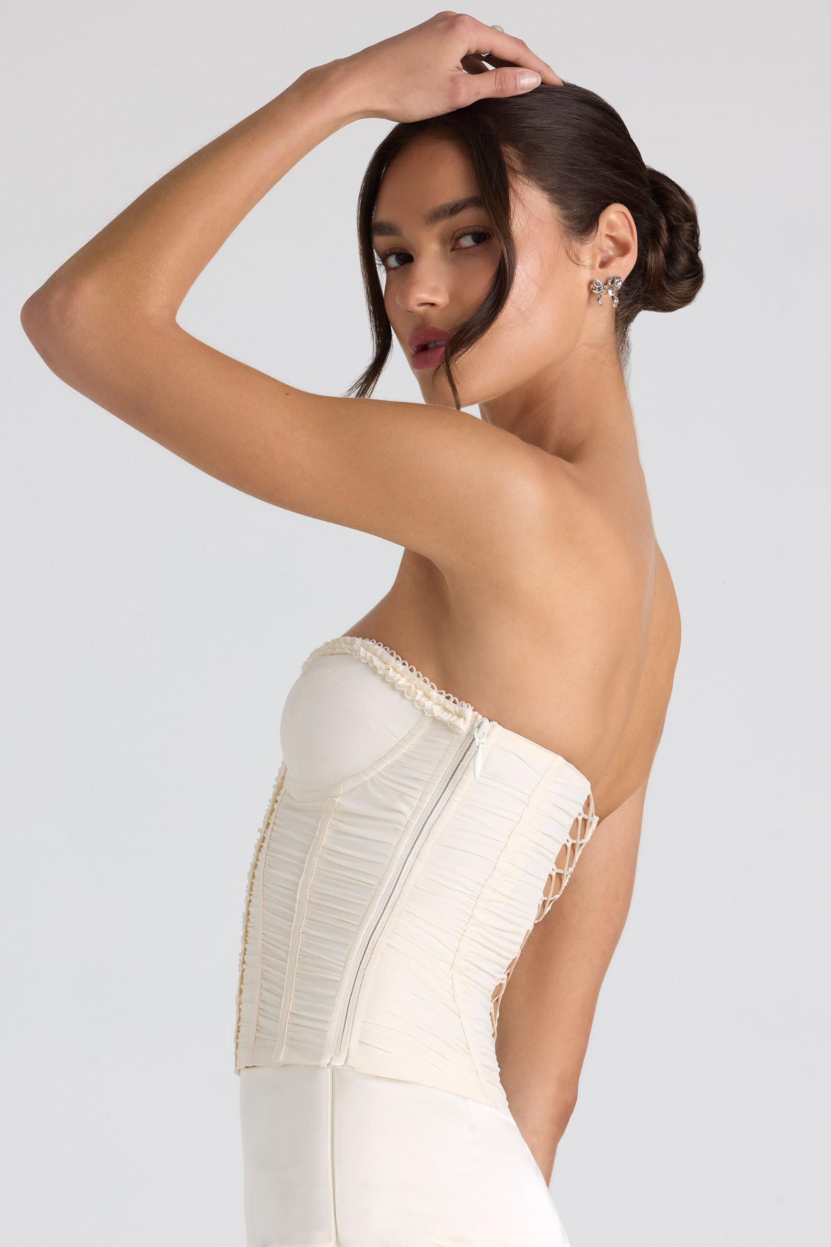 Ruched Lace-Up Strapless Corset Top in Ivory Product Image
