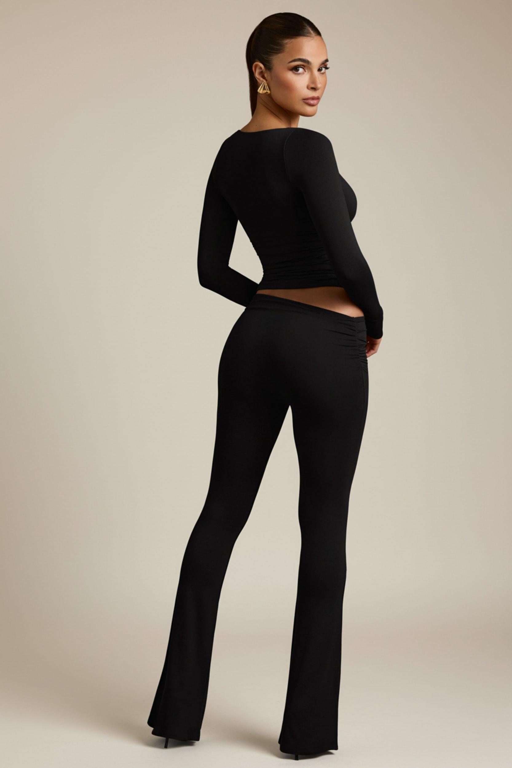 Modal Asymmetric-Waist Flared Trousers in Black Product Image