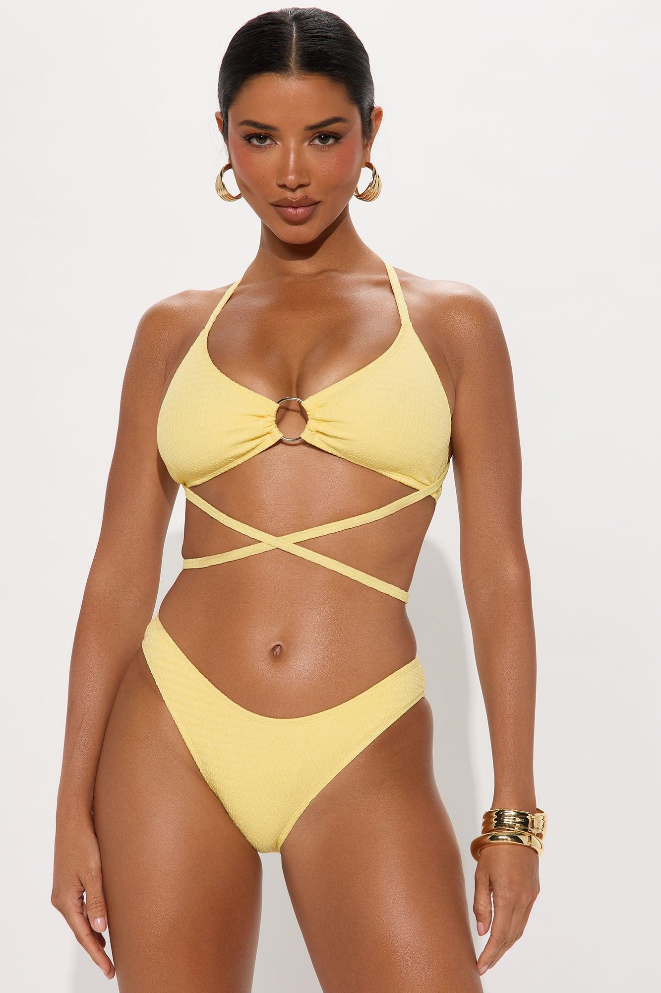Angelica Textured O-Ring Ruched Skirt 3 Piece Bikini Set - Yellow Product Image