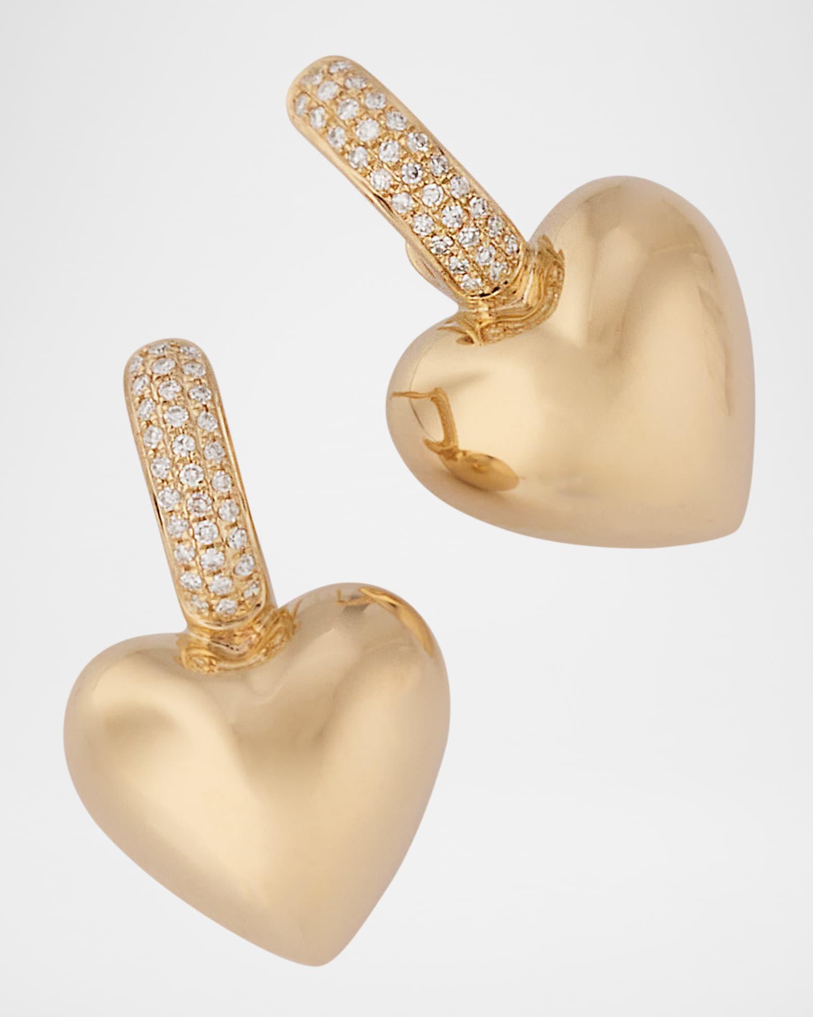 14K Yellow Gold Diamond Huggie Puffy Heart Earrings Product Image